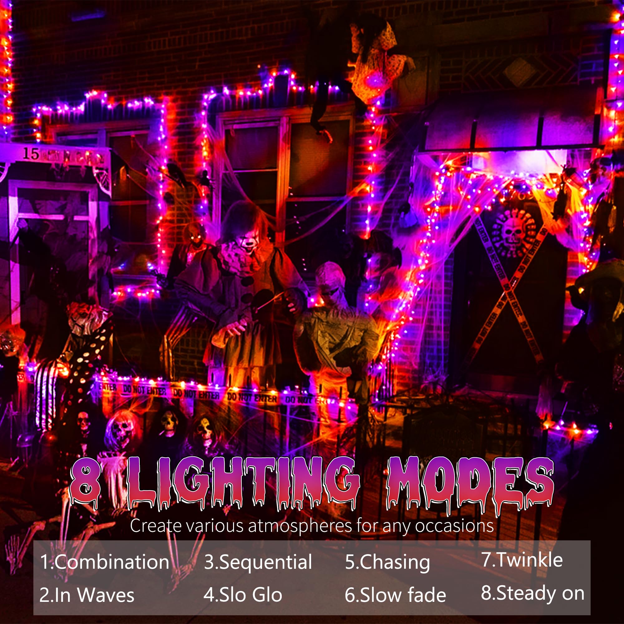 Brizled Halloween Lights String, 200 LED, 66ft, Purple & Orange, 8 Modes, Connectable, Indoor/Outdoor, Model FT4-200POCL-30
