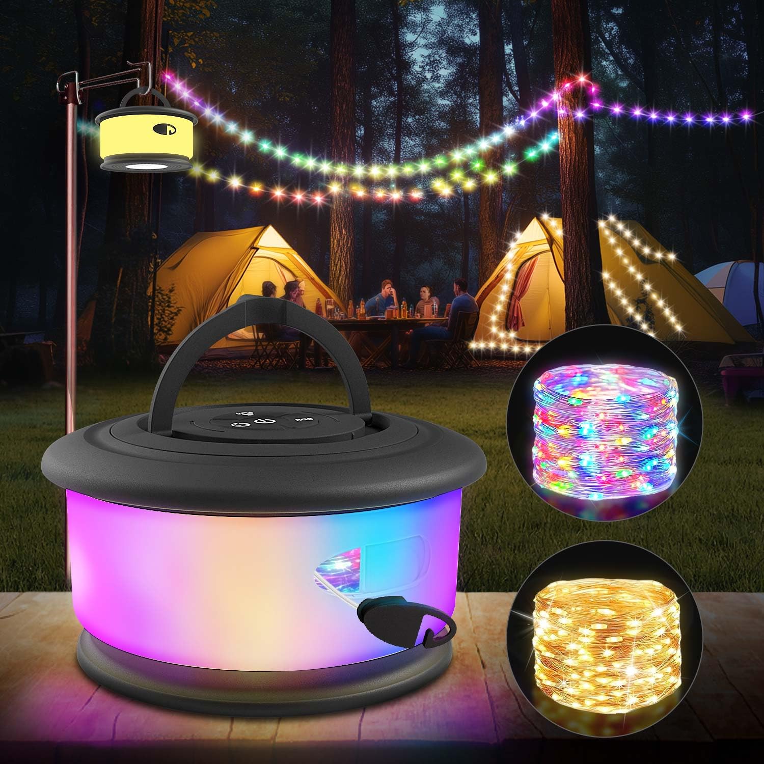 Camping String Lights,2 in 1 Upgraded 32.8FT Rechargeable Tent Lights String with 19 Lighting Modes,Quick Storage Camping Lights