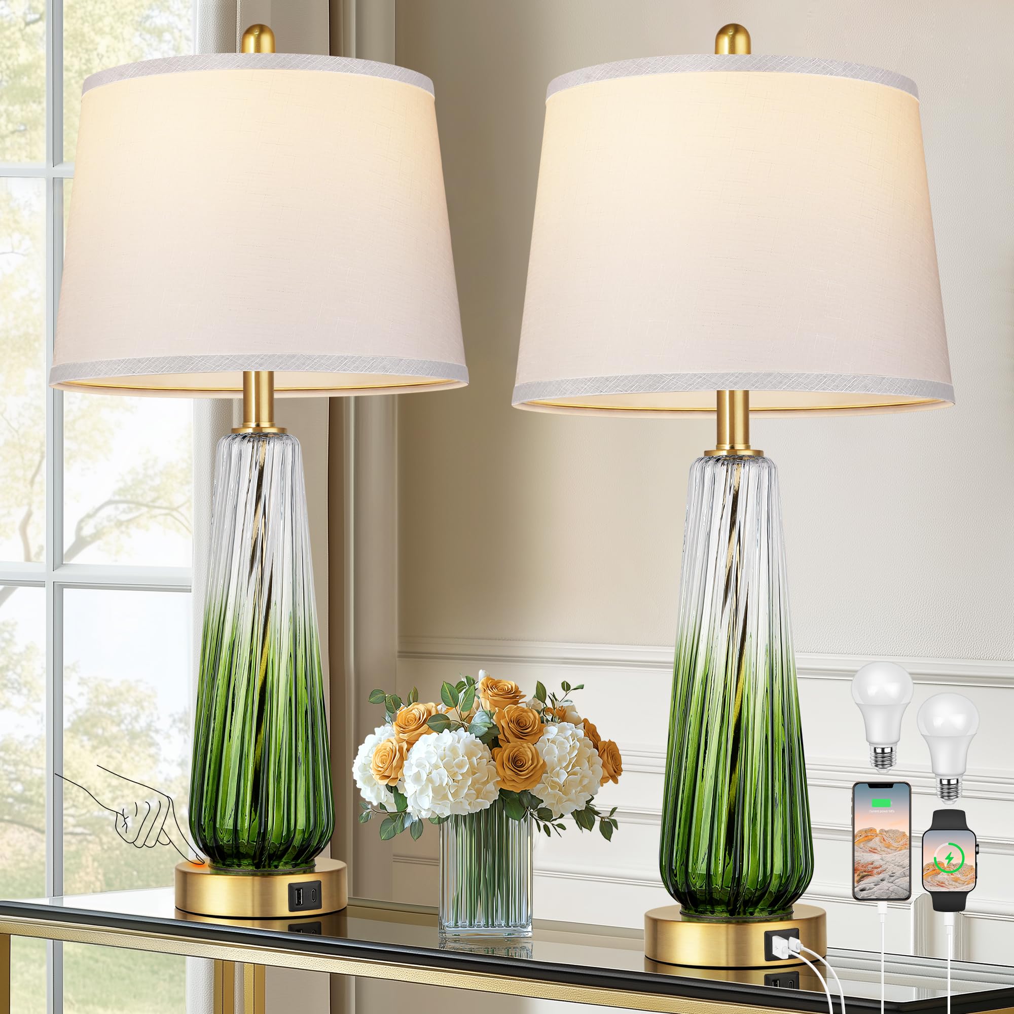 QiMH Glass Table Lamps Set of 2, Modern 27.5in Nightstand Lamps with USB Ports, 3-Way Dimmable, Green
