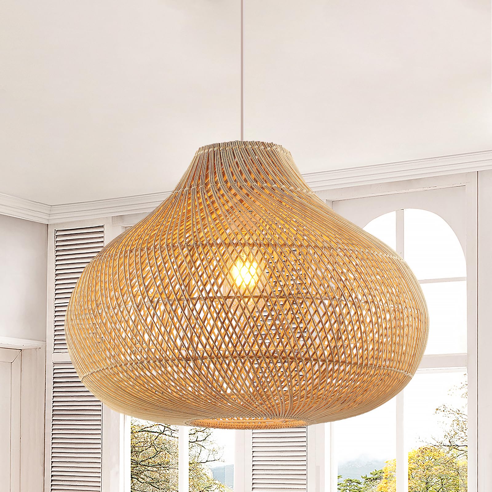 Karjearl Large Rattan Pendant Light, 19.7 Rattan Boho Wicker Chandelier Hand-Woven Basket Pendant Light Fixtures for Dining Room