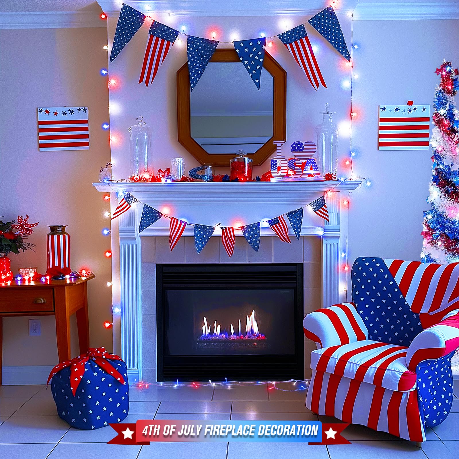 Jmexsuss 400 Led Red White And Blue Lights Outdoor, 132Ft 4Th Of July Lights Indoor, 8 Modes Patriotic String Light For Memorial