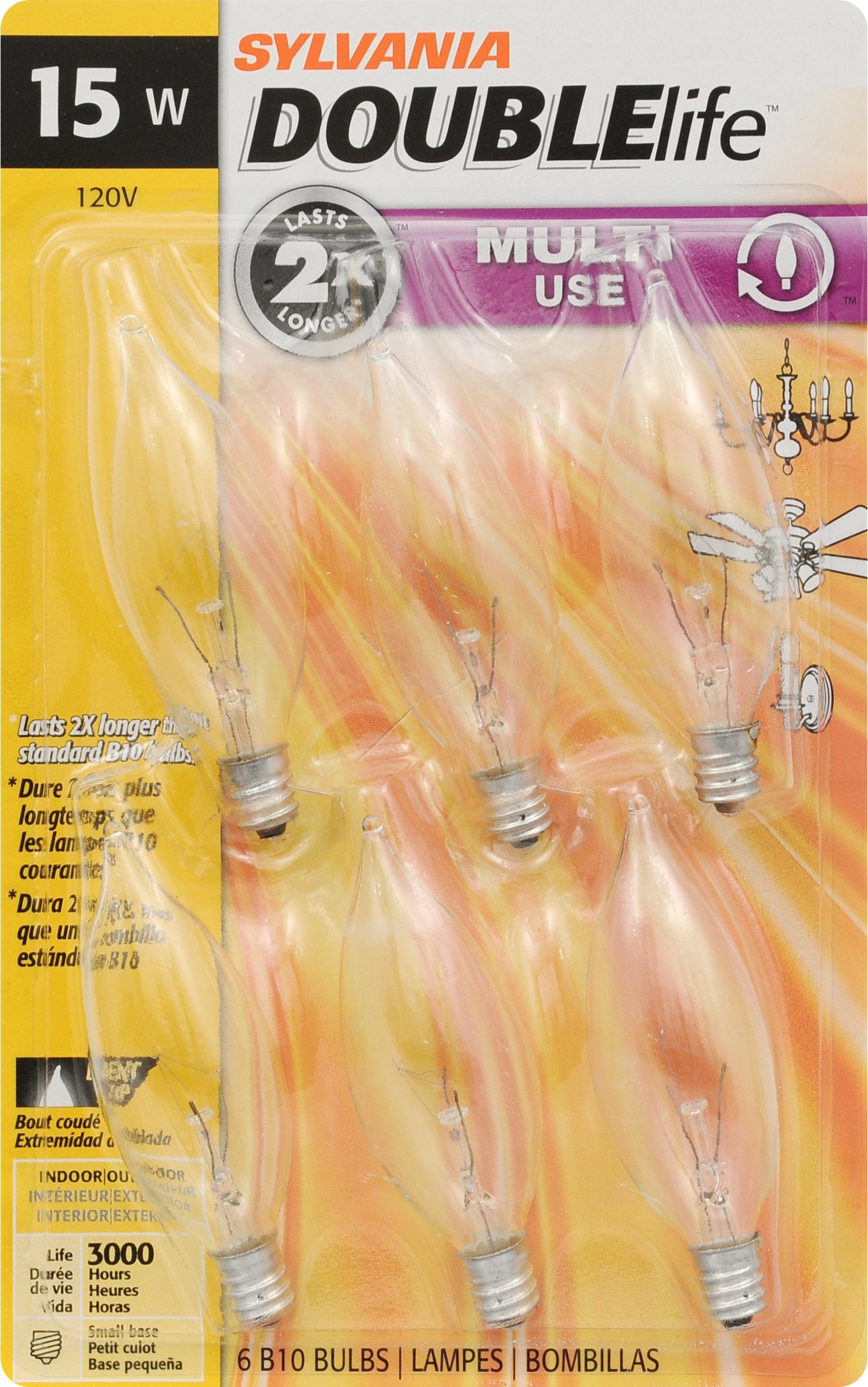 LEDVANCE SYLVANIA B10 Incandescent Light Bulb 15W Candelabra Base 65 Lumens 3000K Clear 6 Count