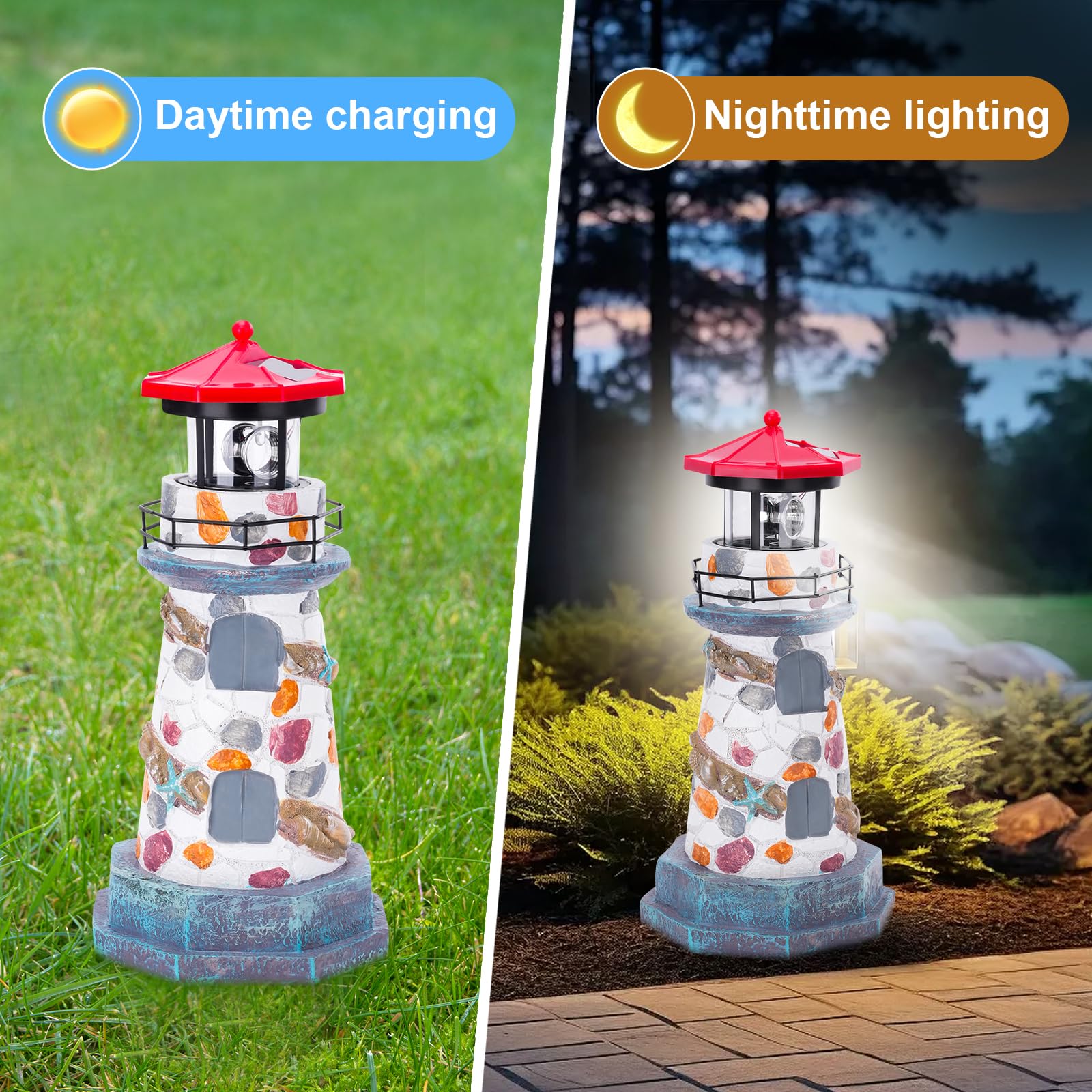Rosycoud Solar Lighthouse With Rotating Beacon,11.4'' Outdoor Garden Lighthouse Decor,Waterproof Statue Lighthouse Lamp For Yard