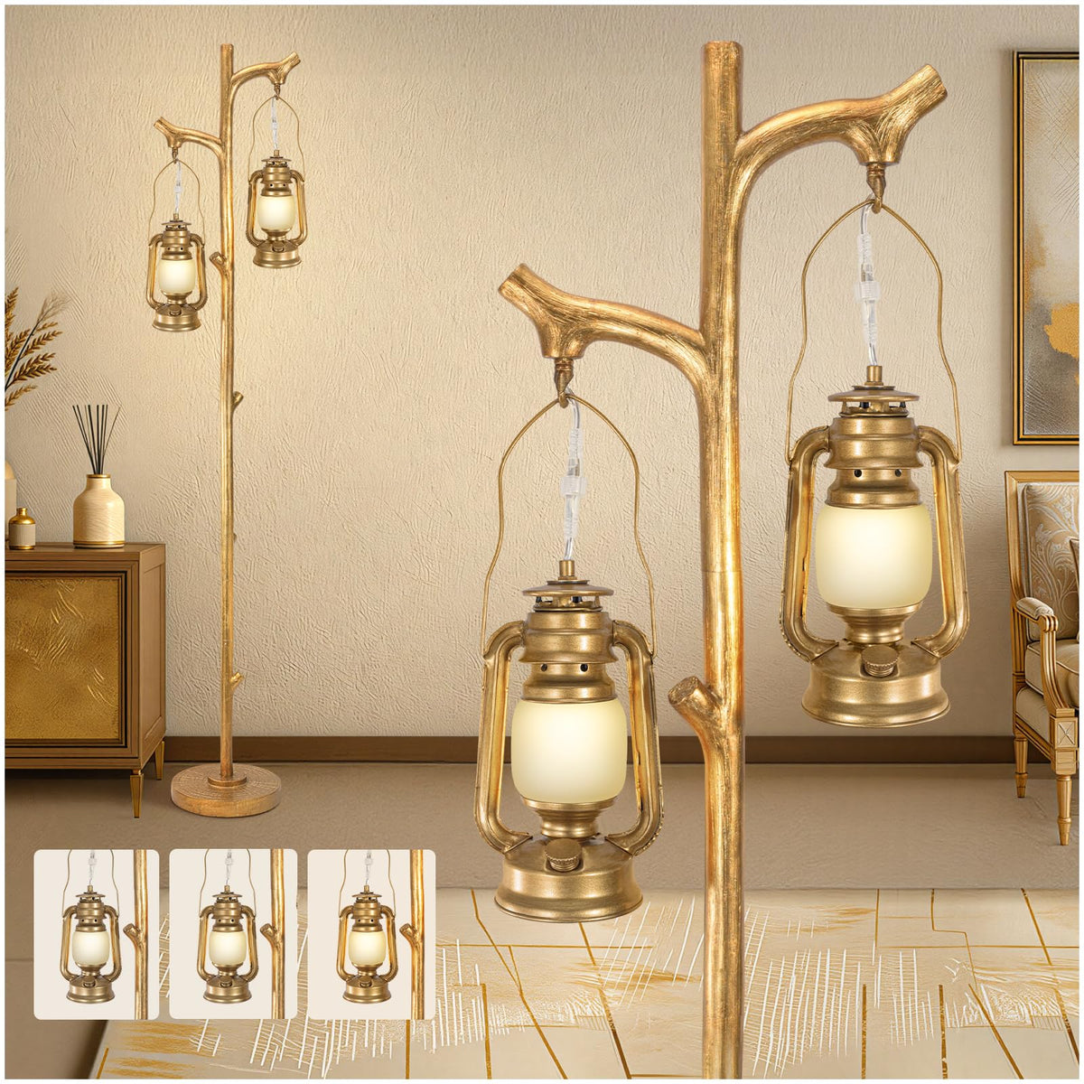 Scenekoy 68    Tall Floor Lamp With Lanterns, Gold Standing Lamp Tree Trunk Finish, Dimmable Resin Corner Lamp Stand Up Light Wi