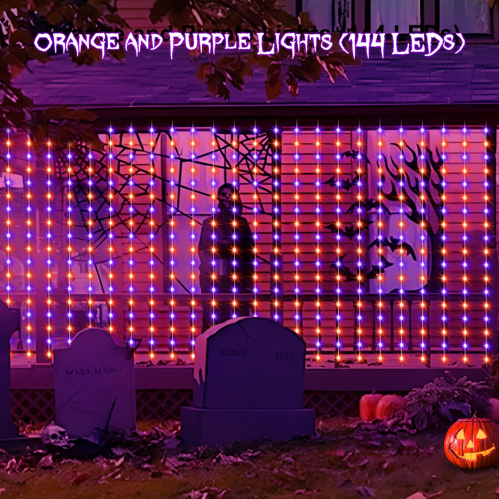 echosari Solar Curtain Lights, 144 LED, 7.9ft x 6ft, Orange & Purple, 8 Modes, Waterproof, Halloween Decor