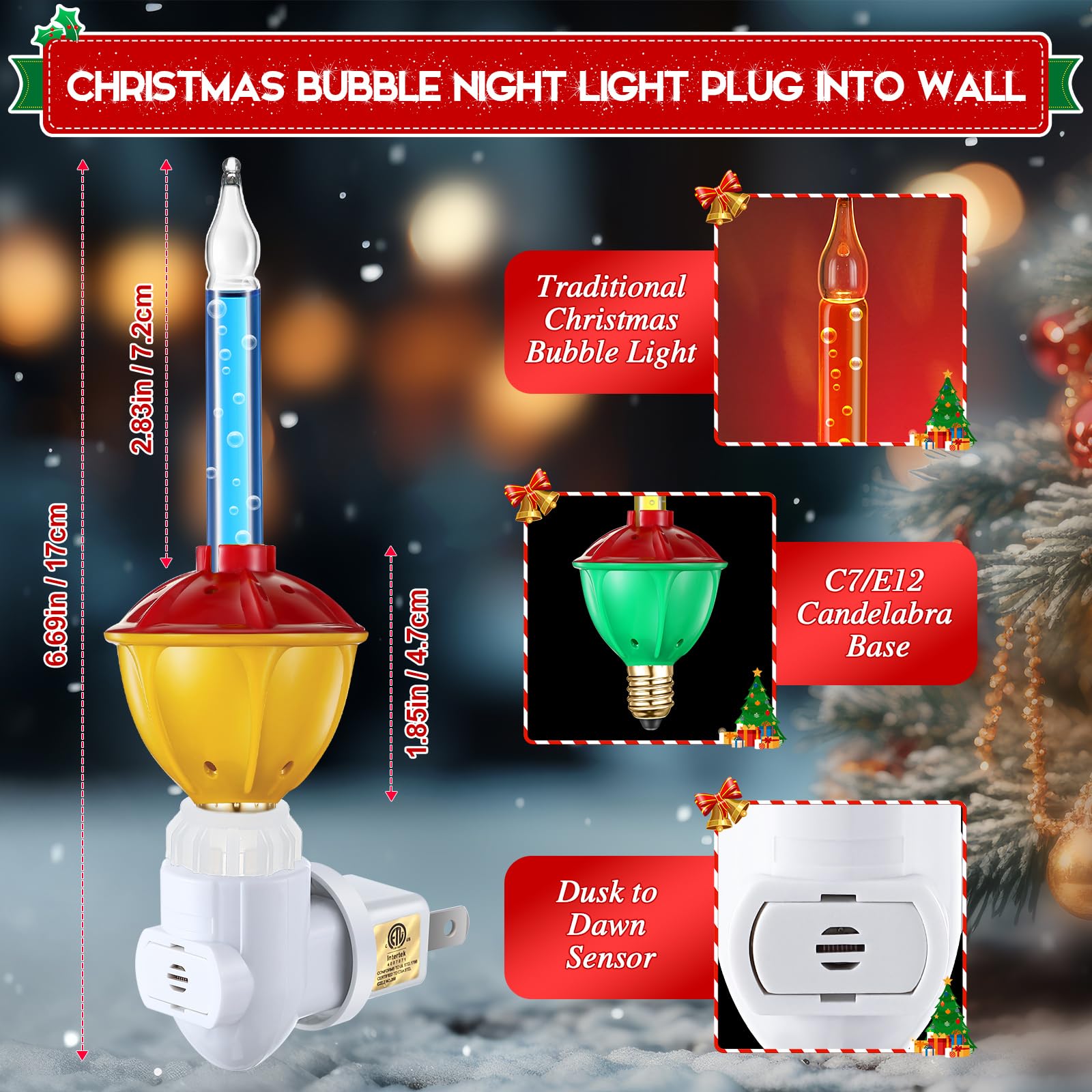 Feekoon 6 Pack Christmas Bubble Night Light With Dusk To Dawn Sensor, Traditional Multi Color Bubble Fluid Lights, Christmas Bub