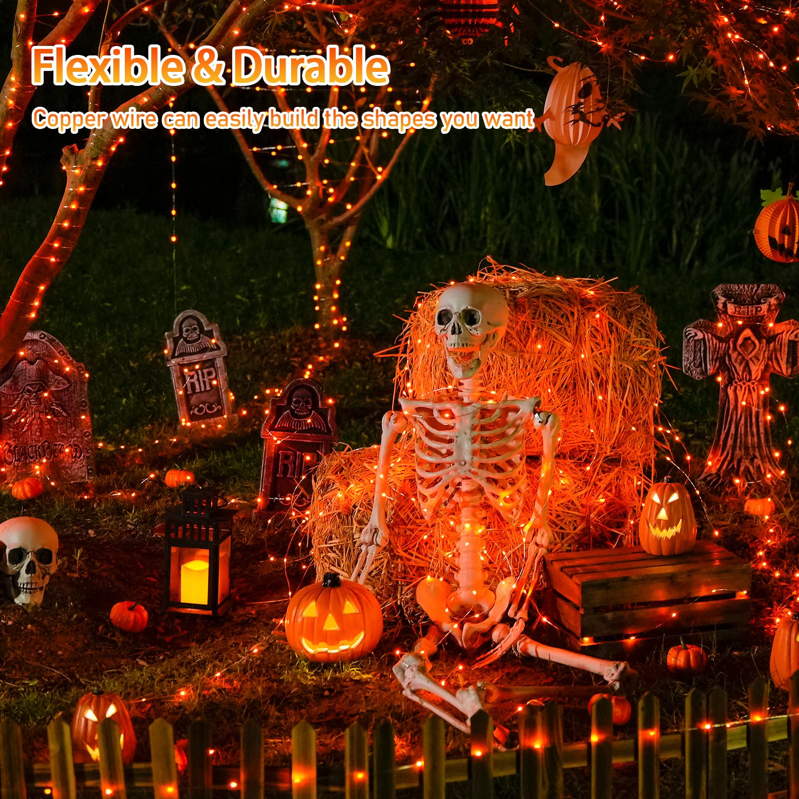 Jmexsuss 2 Pack Solar Halloween Lights, 33Ft 100 Led Orange Halloween Lights Outdoor, Waterproof Solar Fairy String Light For Tr