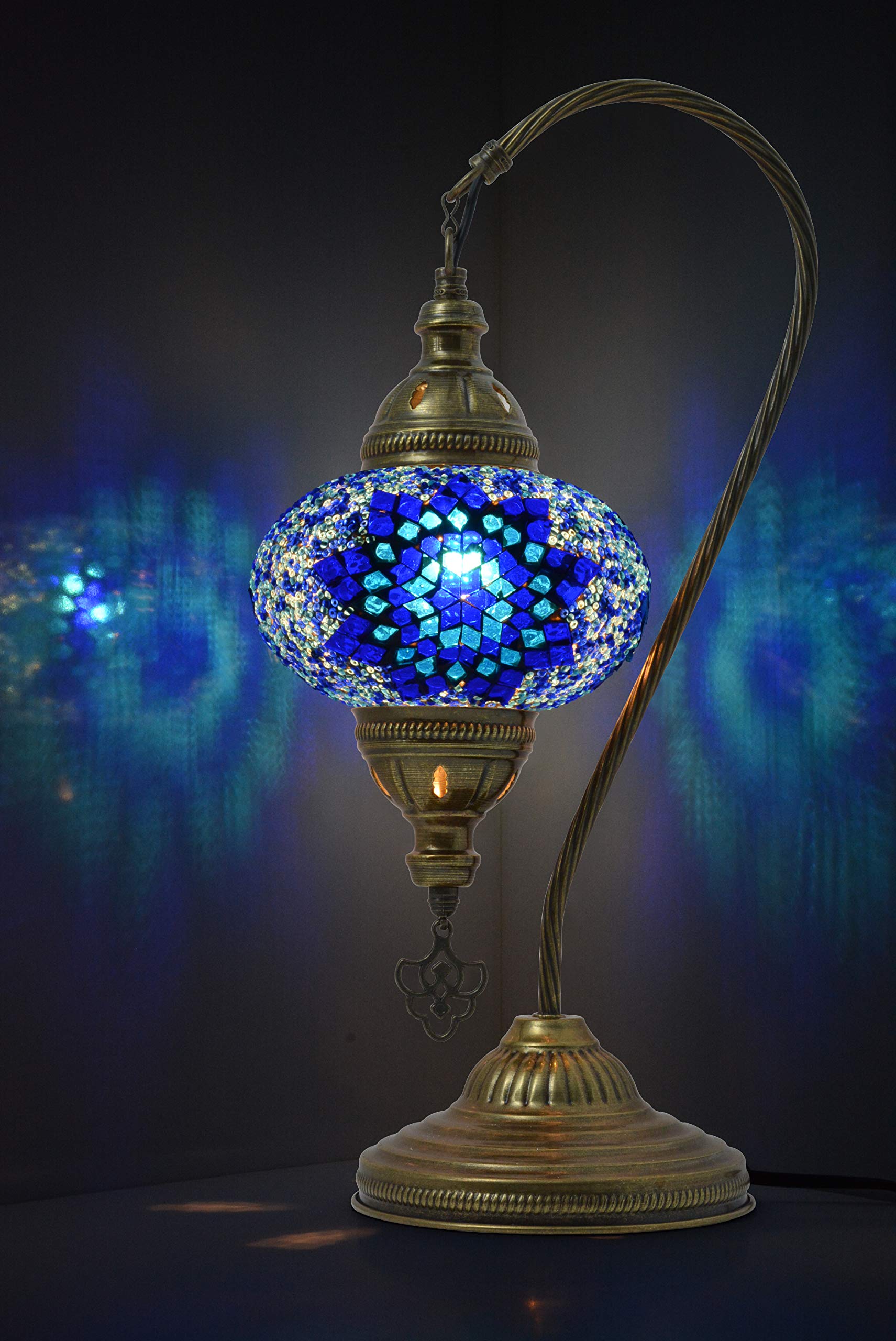 MOZAIST Turkish Table Lamp, Swan Neck Mosaic, Moroccan Decorative Glass, Tiffany Style, Blue, Stained Glass, E12 Socket, US Plug
