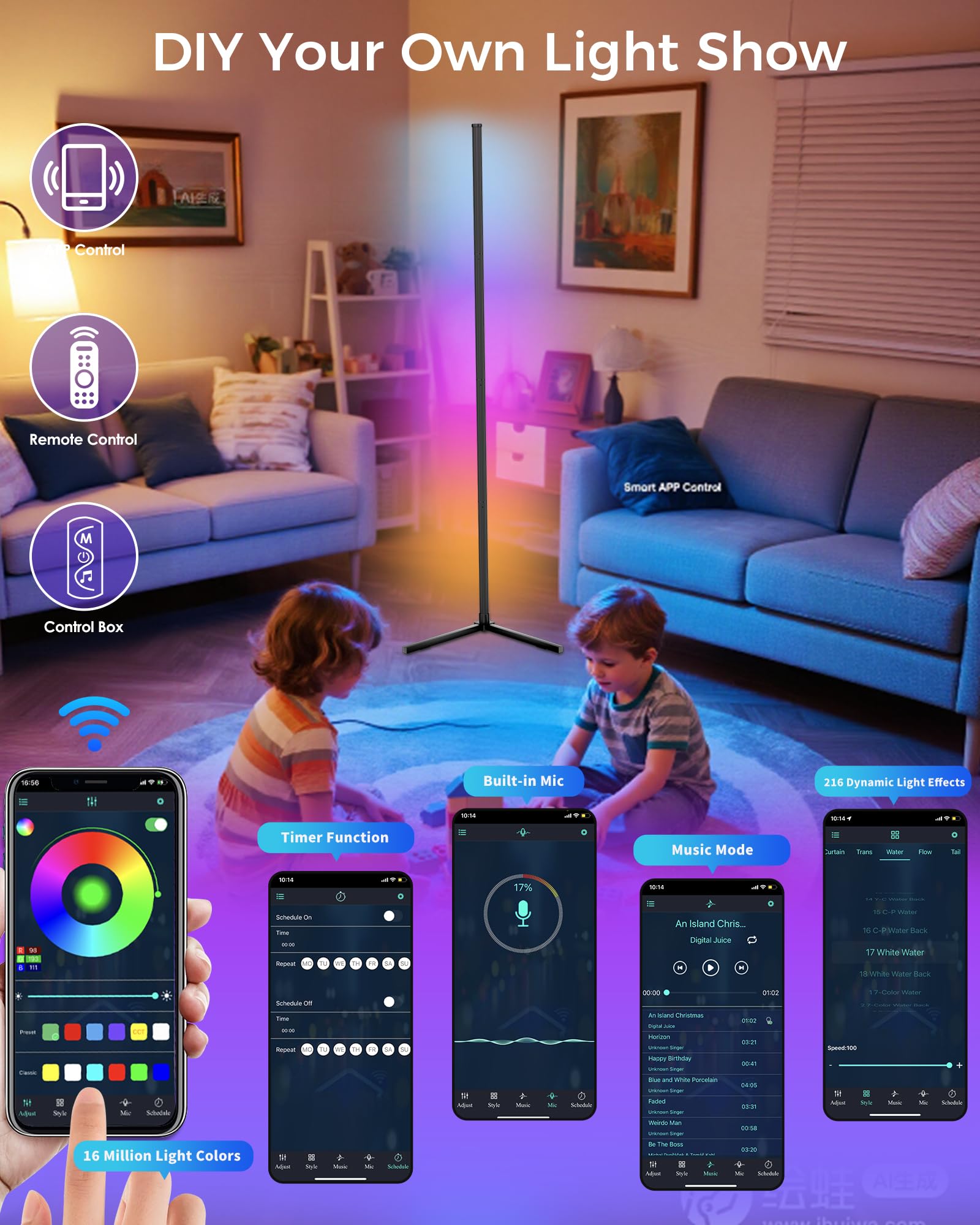 boostool LED Corner Lamp, 65 RGB Corner Floor Lamp with 16 Million DIY Colors, 216 Dynamic Light Effects and Music Sync - App an