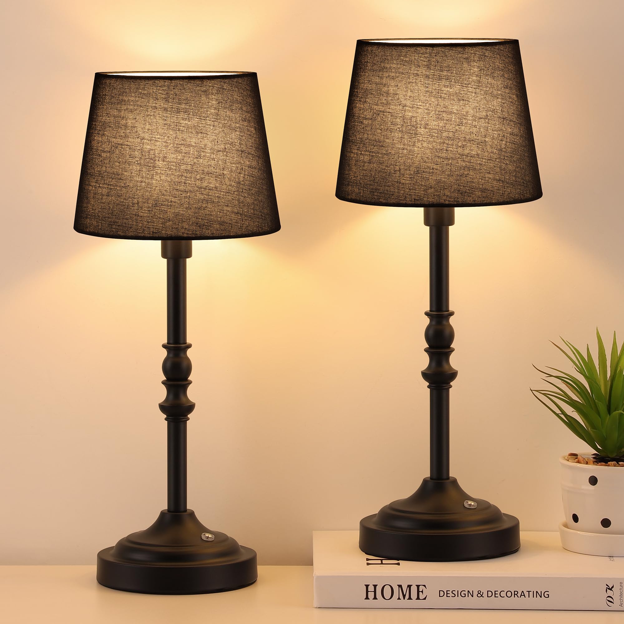 Ggoying Set Of 2 Rechargeable Cordless Led Table Lamps, 4-Level Dimmer, Black Portable Desk Lamps With Black Fabric Shades, Nigh