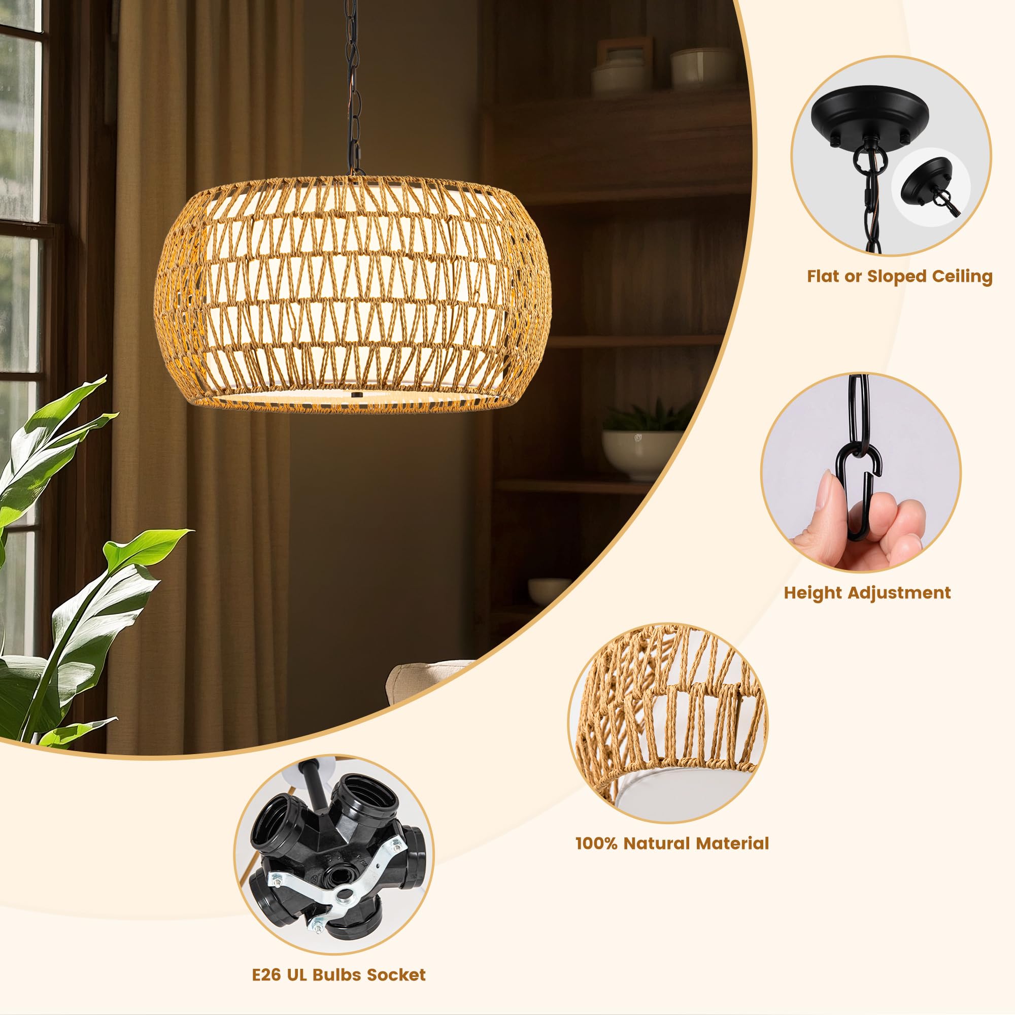 18.1'' Boho Rattan Chandelier - 5-Light Handwoven Farmhouse Pendant Light For Kitchen Island, Dining Room, Living Room With Fabr