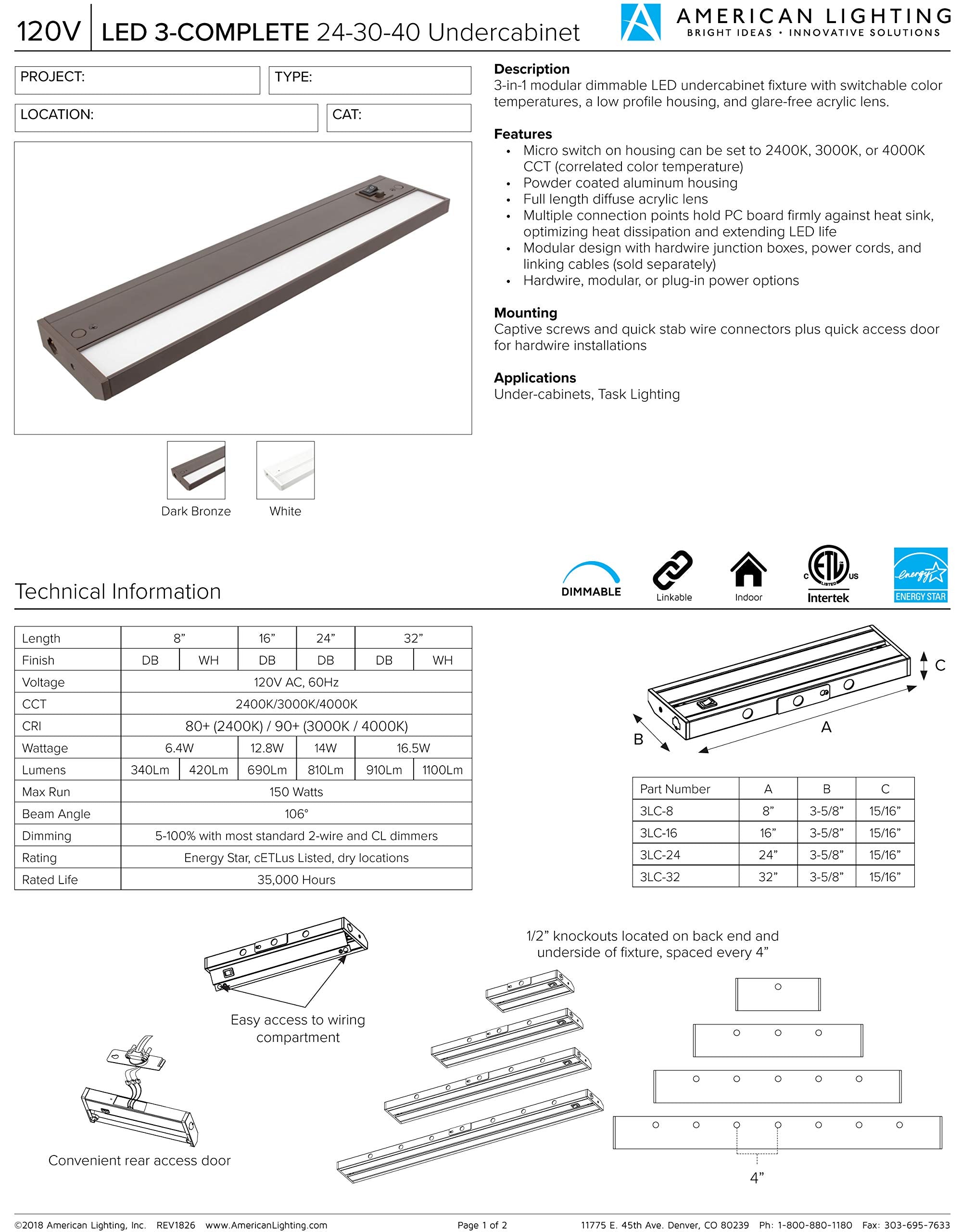American Lighting 3LC2-24-WH LED Undercabinet Light, Adjustable 2700K-4000K, 32-Inch, White, 1-Pack