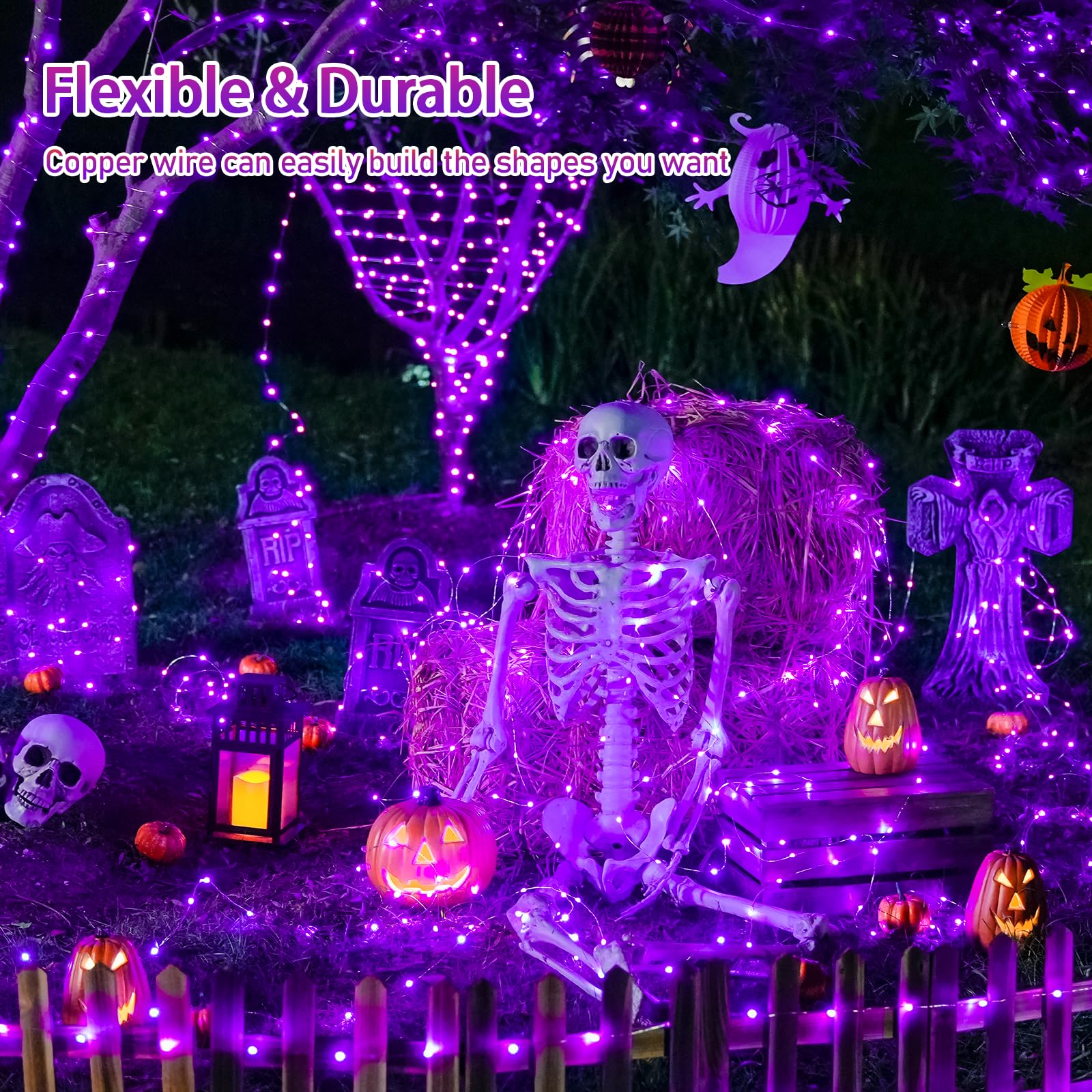 JMEXSUSS Solar Fairy String Lights, 200 LED, 66ft, 8 Modes, Copper Wire, Purple, 2 Pack for Christmas, Garden, Party Decorations