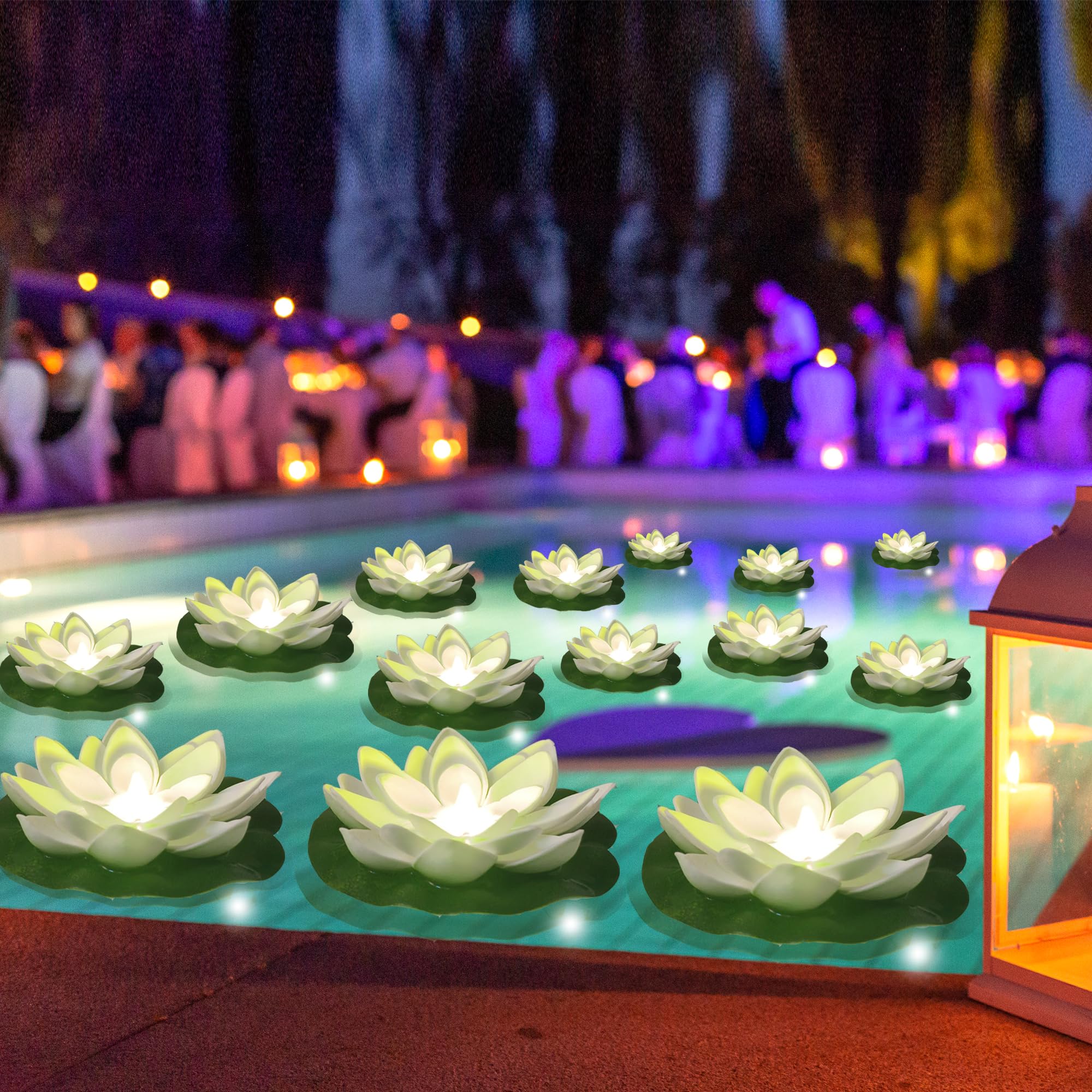 Assaoy 14 PCS Waterproof Floating Lotus Light - Floating Flower Light Battery Operated Water Activated Warm White Pool Flower Lamp Wedding Anniversary Garden Halloween Christmas Decoration
