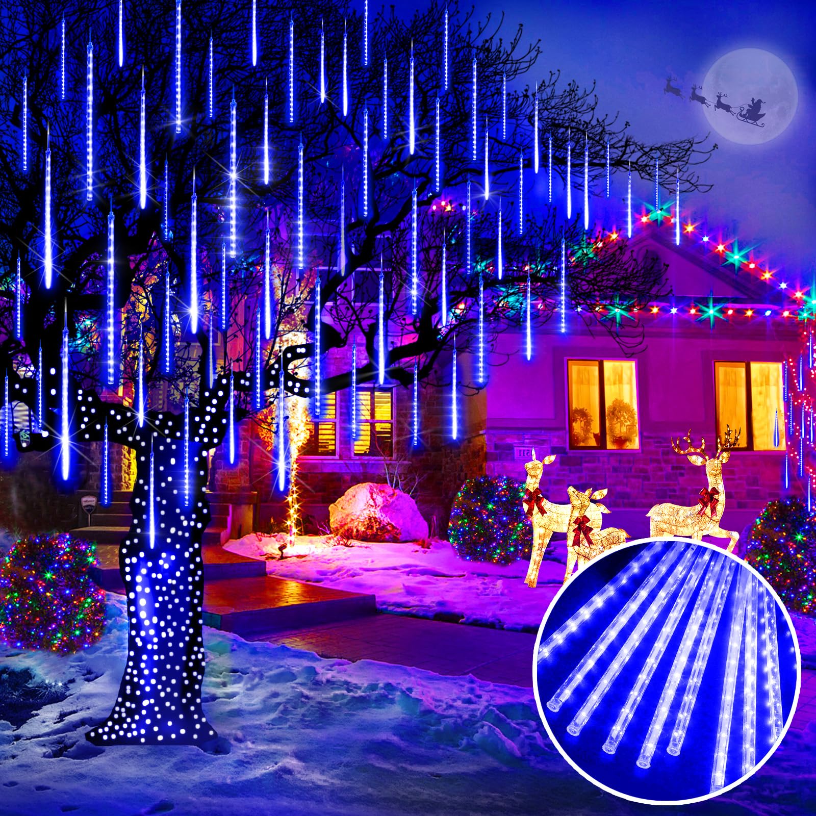 KNONEW 40 Tube LED Meteor Shower Lights, Waterproof Falling Rain Lights for Outdoor Christmas Decorations, Blue, Model KN-1000-LIG168-01