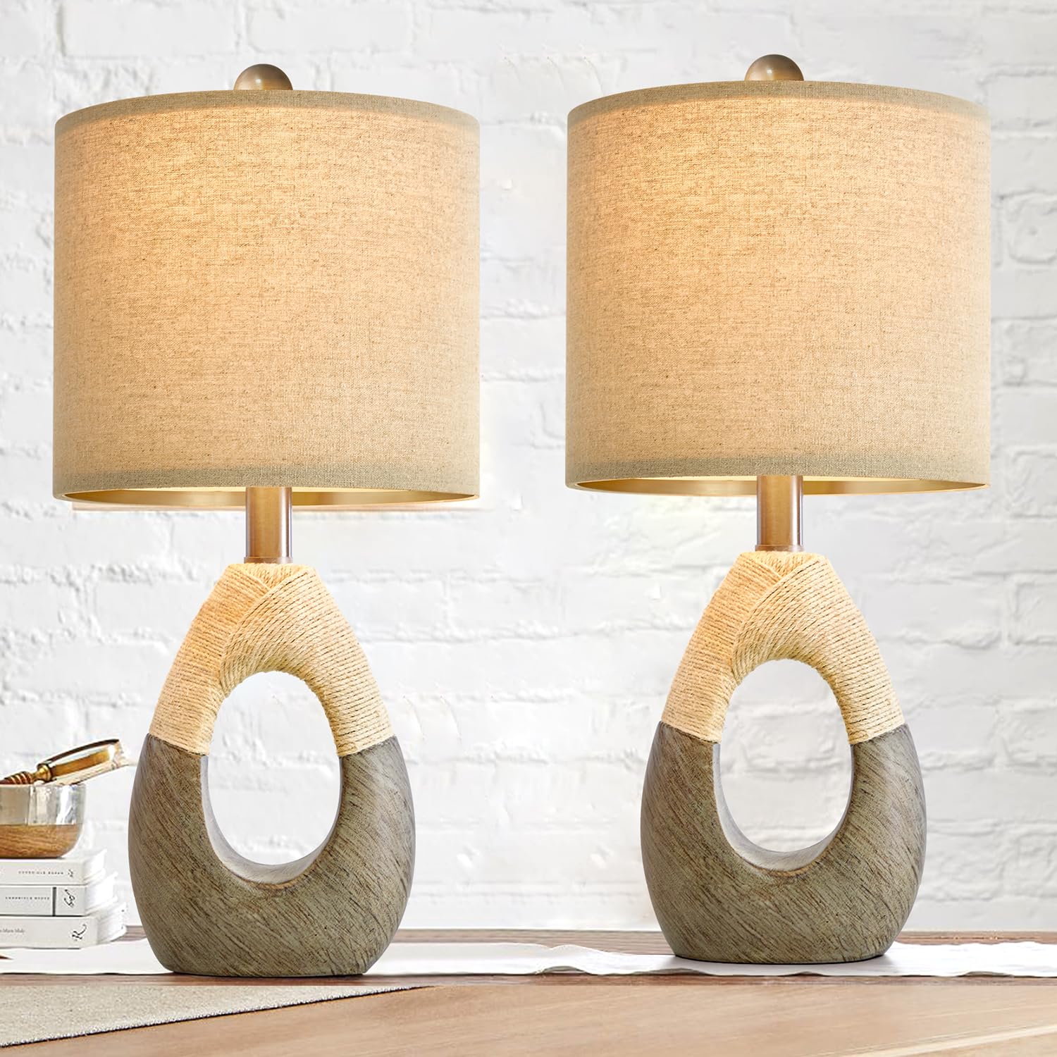 OYEARS 19" Boho Rattan Table Lamps Set of 2, Rustic Egg Design, Grey, AMZ-T1085CG-OY, Ideal for Small Spaces, Nightstand Lighting