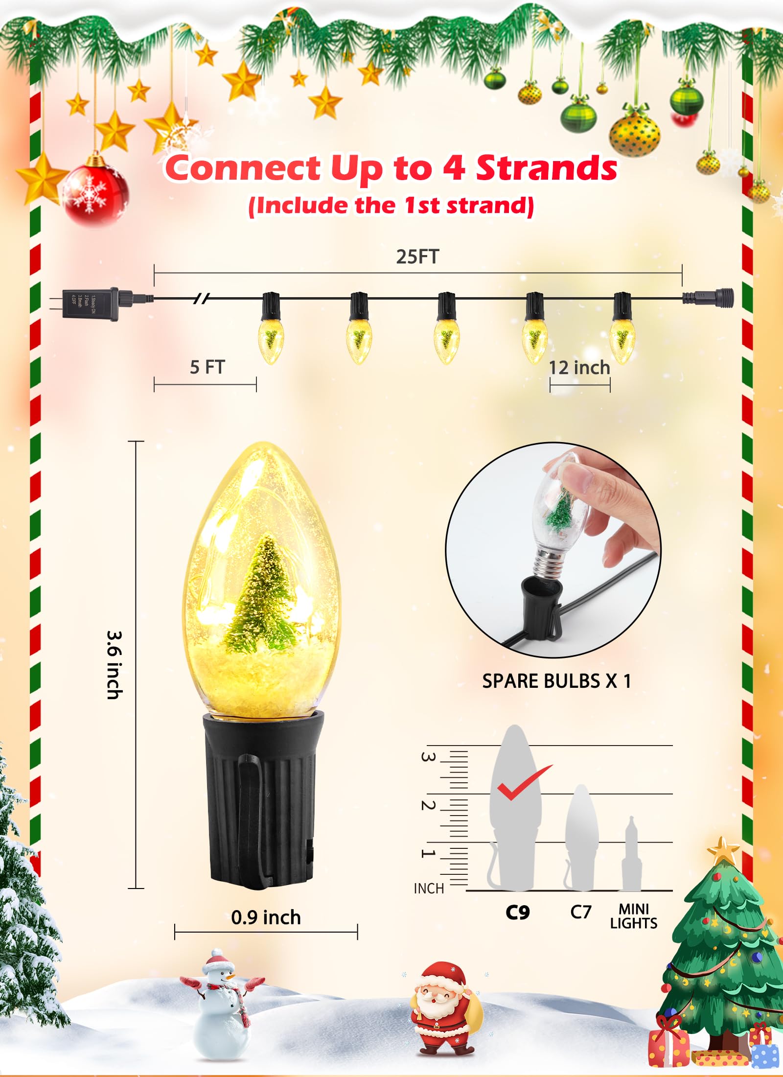 C9 Led Christmas Lights Outdoor, 25 Ft C9 String Lights With 20 Shatterproof Led Bulbs, 3 Light Mode, Connectable Waterproof Chr
