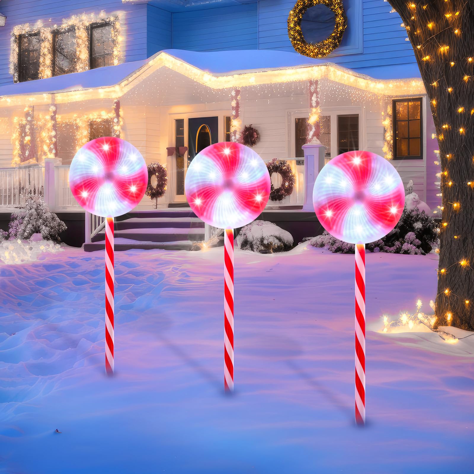 Rotatable Lollipop Christmas Pathway Lights Outdoor - 3 Pack 29 inches 324 LED Lighted Candy Cane Decorations, Waterproof Christ