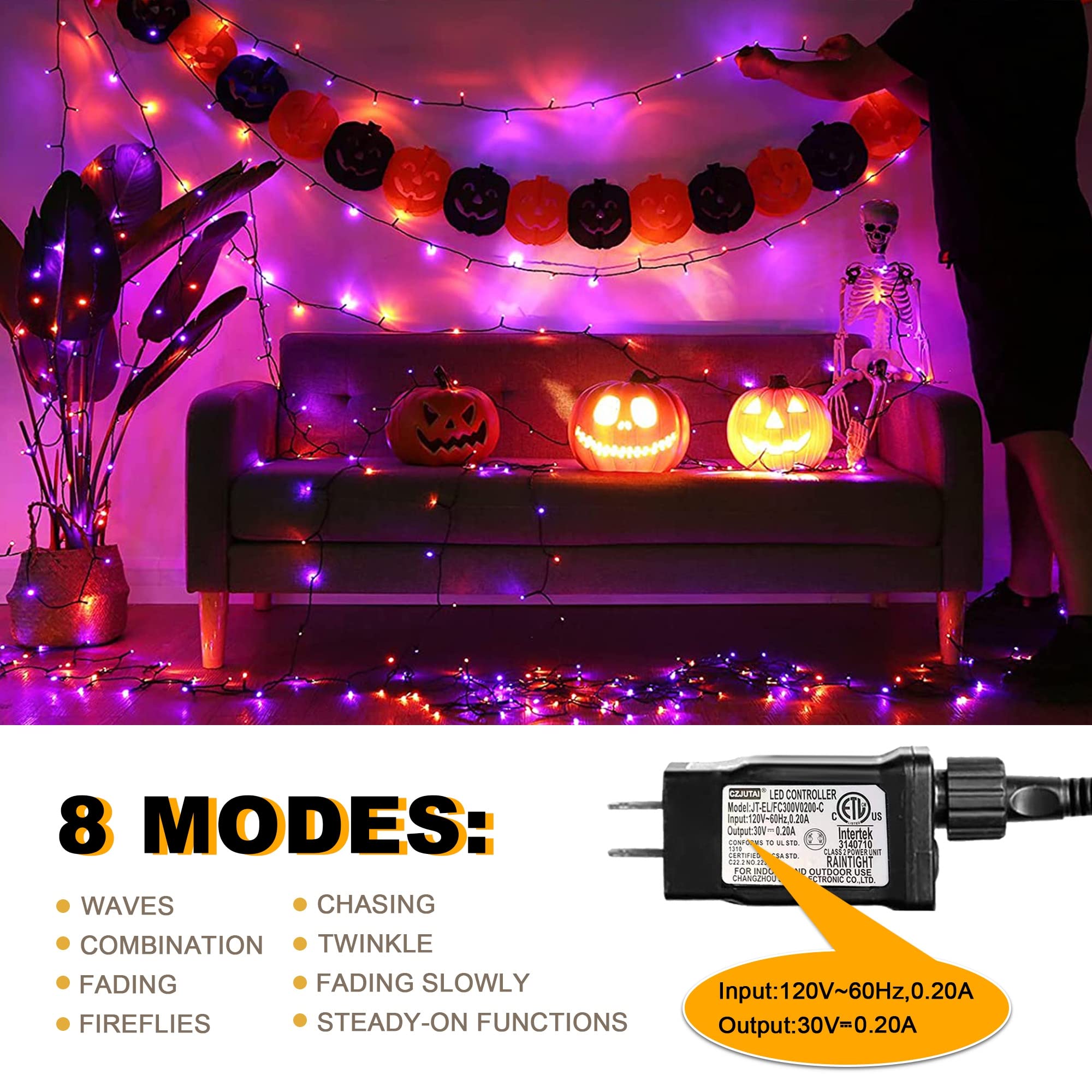 weillsnow Halloween String Lights, 200 LED 66FT Waterproof, 8 Modes, Orange & Purple, Model HB-500COI