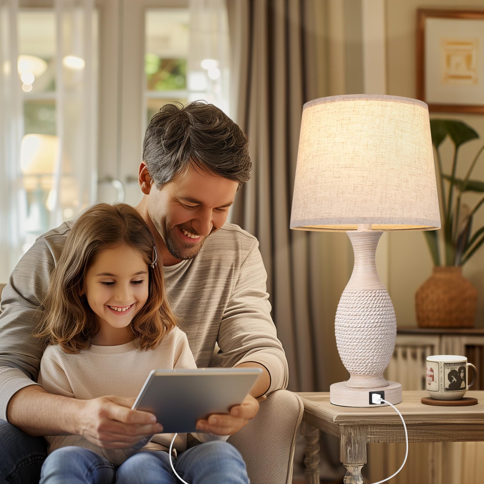 Farmhouse Table Lamps For Bedroom - Bedside Lamps Set Of 2 With Usb C+A, 3-Way Dimmable Touch Lamps For Night Stands Living Room
