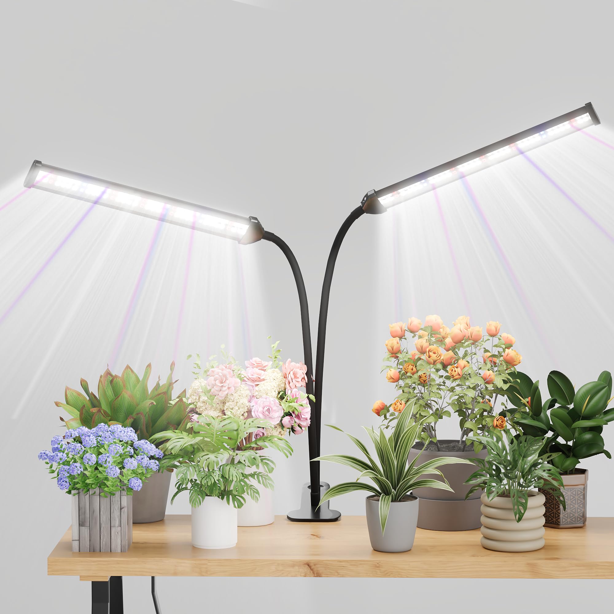 GooingTop Grow Light LED Gooseneck Lamp,Dual-Head White Full Spectrum 148 LED Plant Lamp with Red Blue Light Clip-on Desk for In