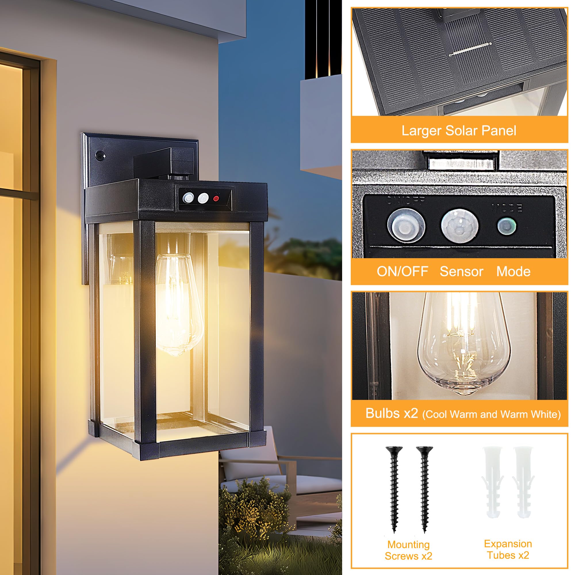 Cyhkee 2 Pack Solar Wall Lights Outdoor Waterproof With 3 Lighting Modes & Motion Sensor, Dusk To Dawn Exterior Porch Light Fixt