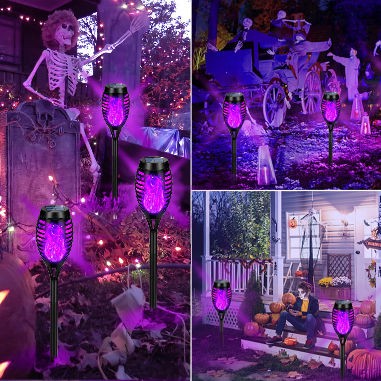 Tancuzo Solar Lights Outdoor Waterproof Purple, Upgraded 6 Pack Solar Tiki Torches With Flickering Flame For Garden Decor, Solar Outdoor Landscape Lights For Porch Yard Pathway Halloween Decorations