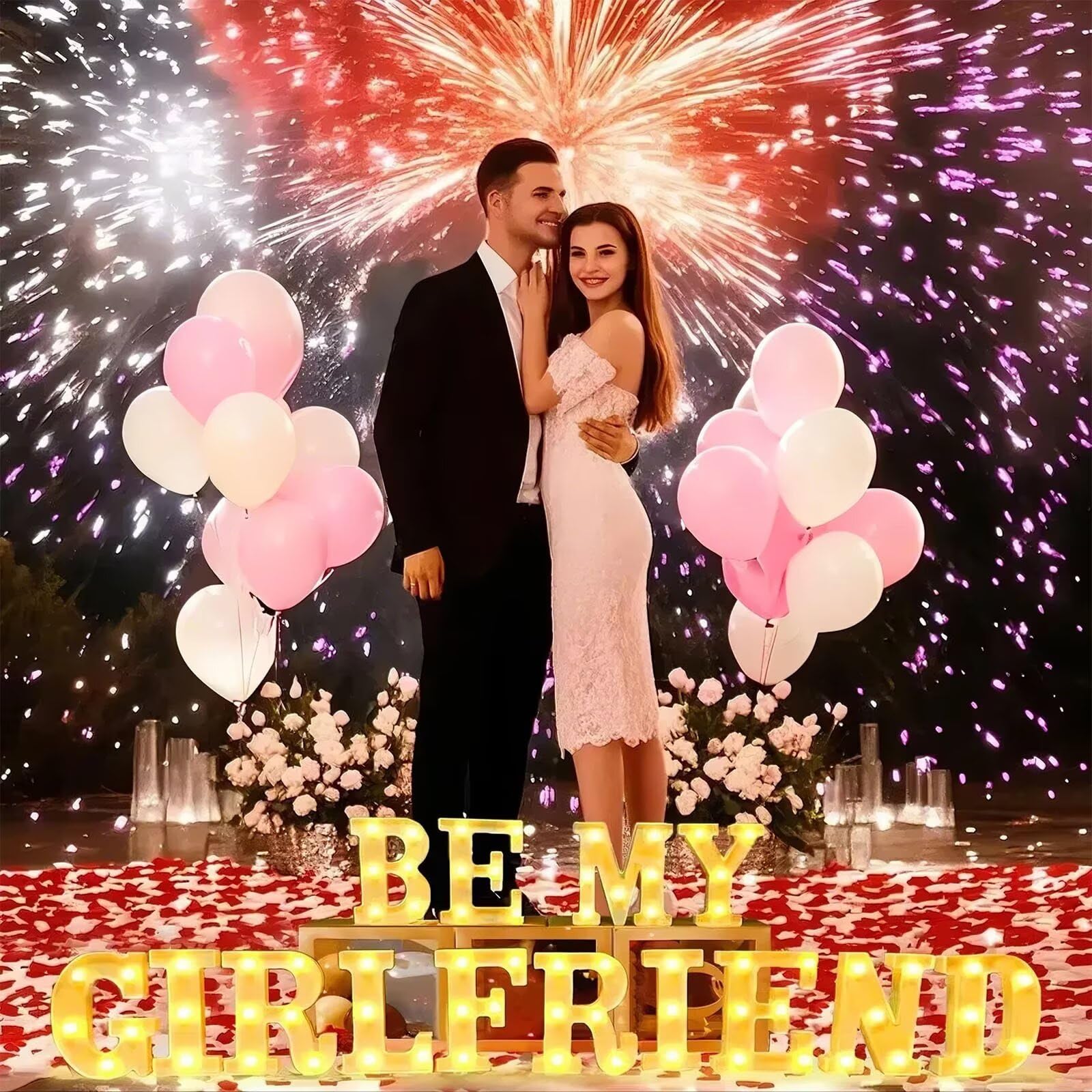 Ifncpf Be My Girlfriend Light Up Letters Proposing Decorations Set Includes 14 Led Light Letters And 1000 Rose Petals ValentineS Day Ornaments