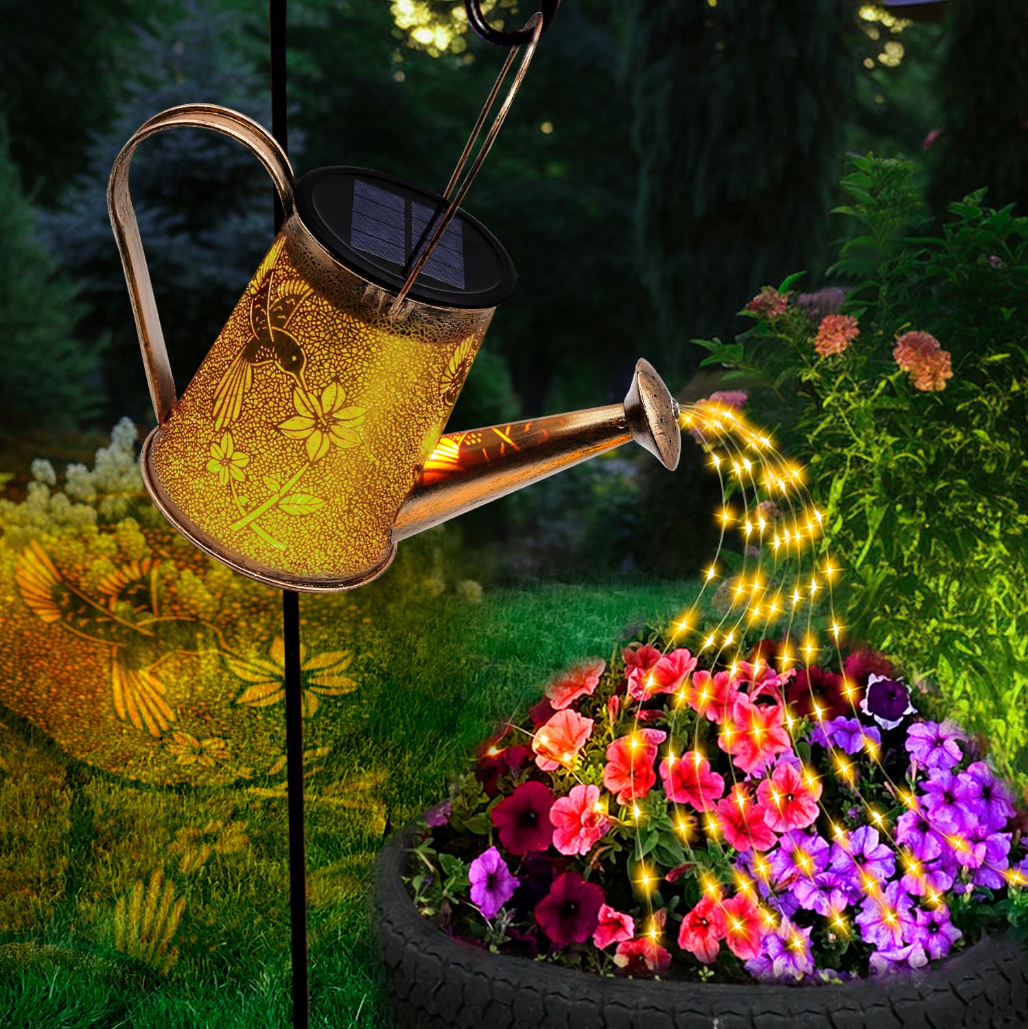 YJFWAL Solar Watering Can Light, Waterproof Hummingbird Lantern, Warm White, Metal, Hummingbird-1pack, Model FN-01