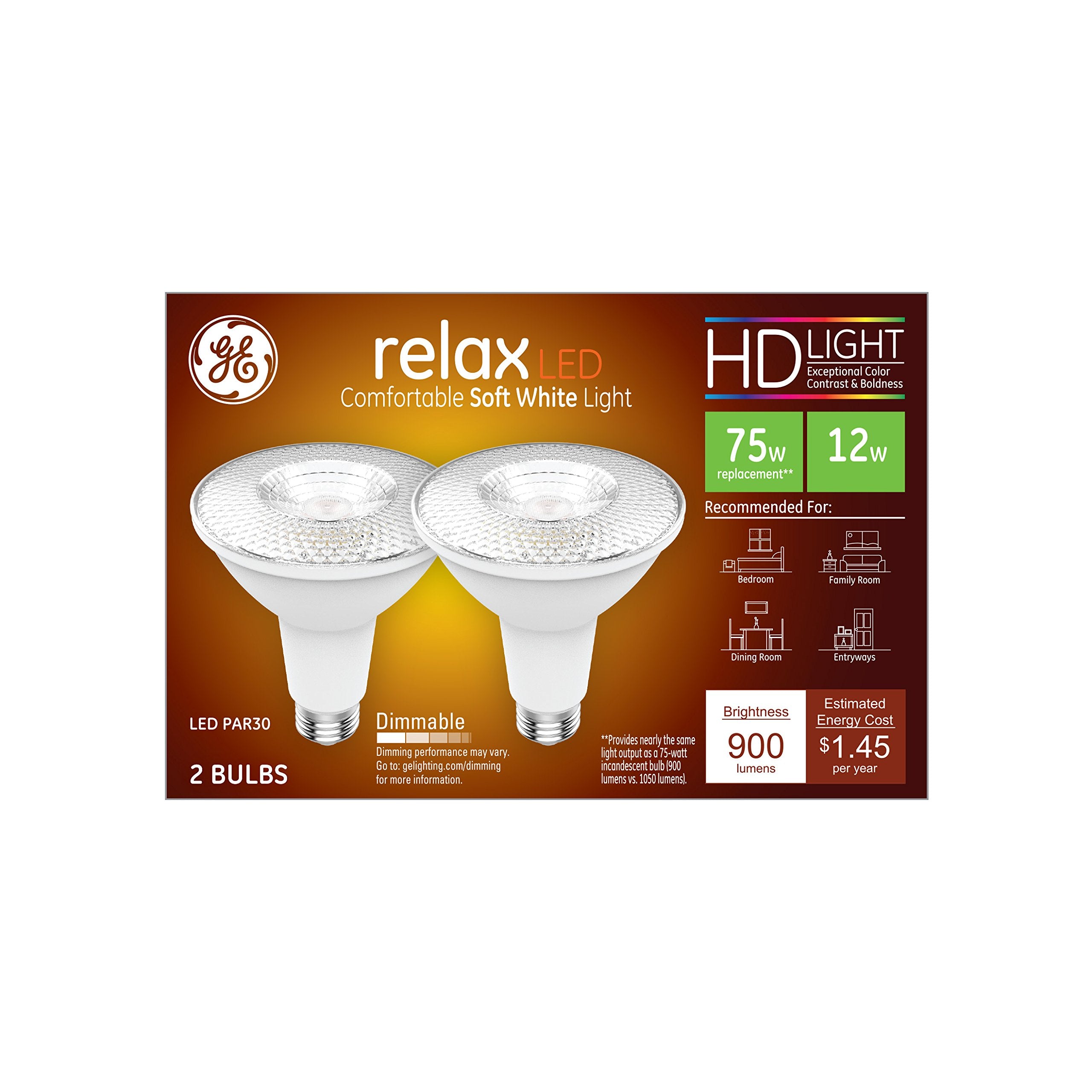 Ge Lighting Relax Hd Par30L Flood Light Led Light Bulb, 75-Watt Replacement, Dimmable, Medium Base, Soft White, 2-Pack