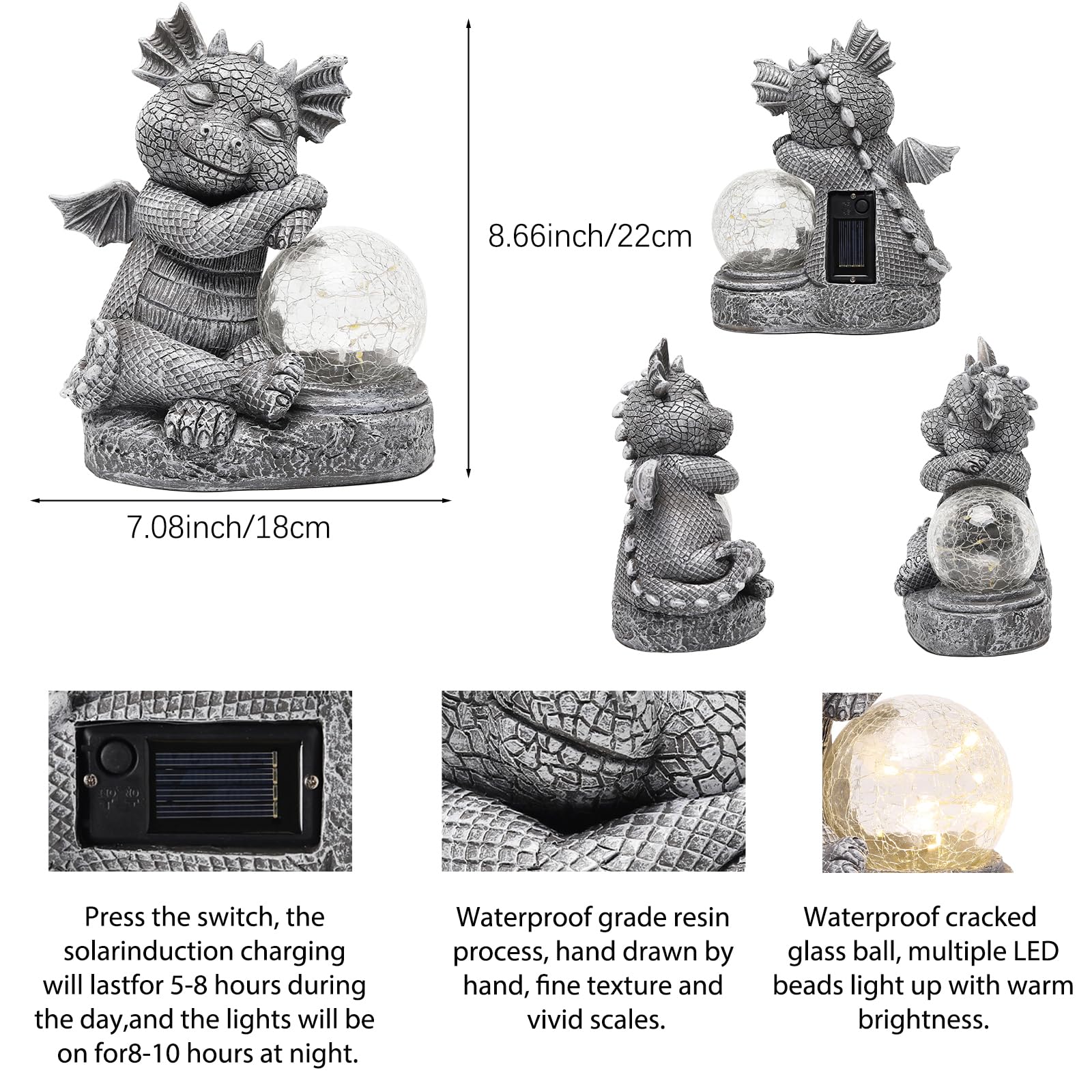 Halp·Ssfm Garden Outdoor Dragon Statue Holding Solar Magic Orb Led Light Resin Adorable Baby Dragon Figurines For Patio Balcony Yard Lawn Garden Unique Housewarming Gift For Mom Grandma