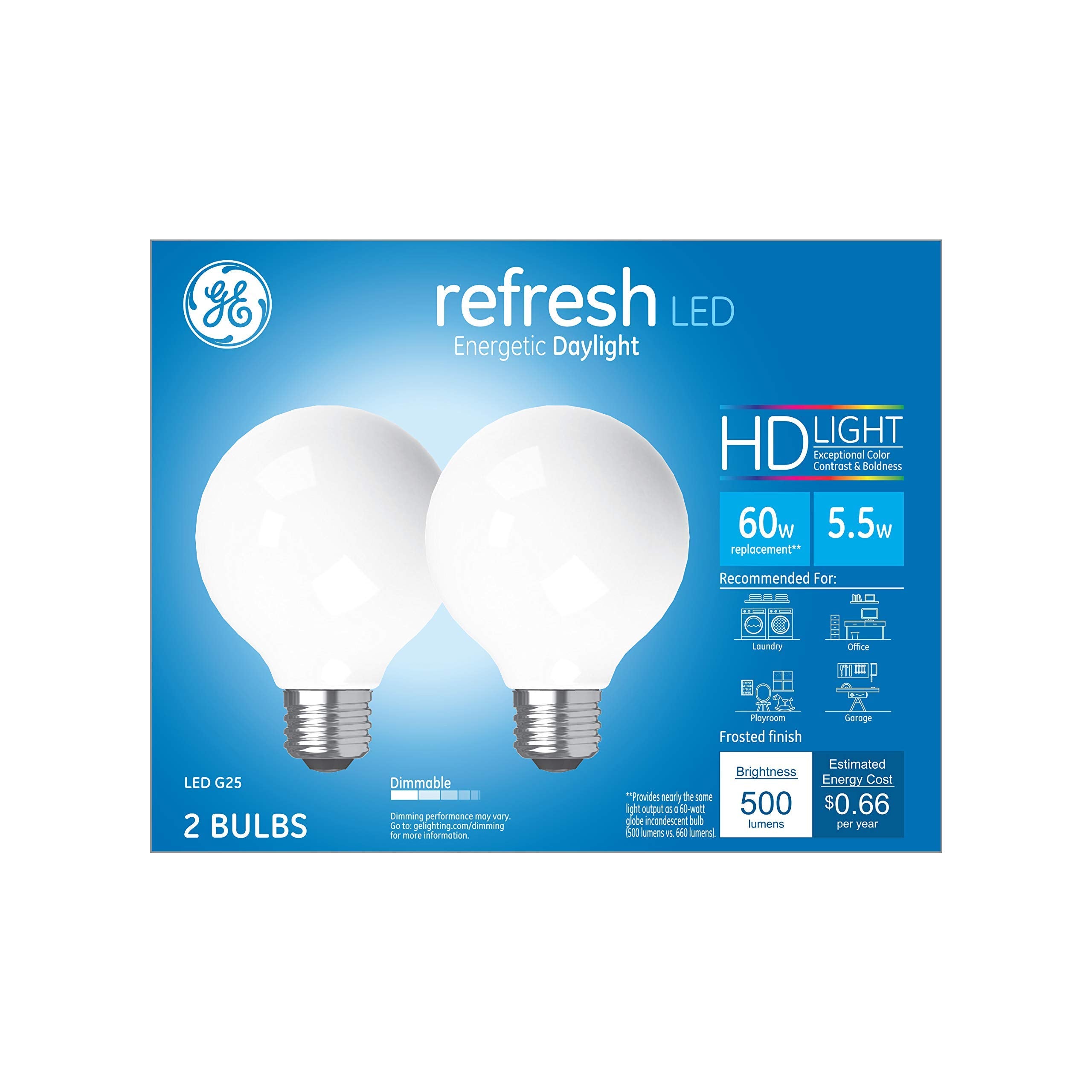 Ge Refresh Led Light Bulbs, 60 Watt, Daylight, G25 Globe Bulbs, Medium Base (2 Pack)