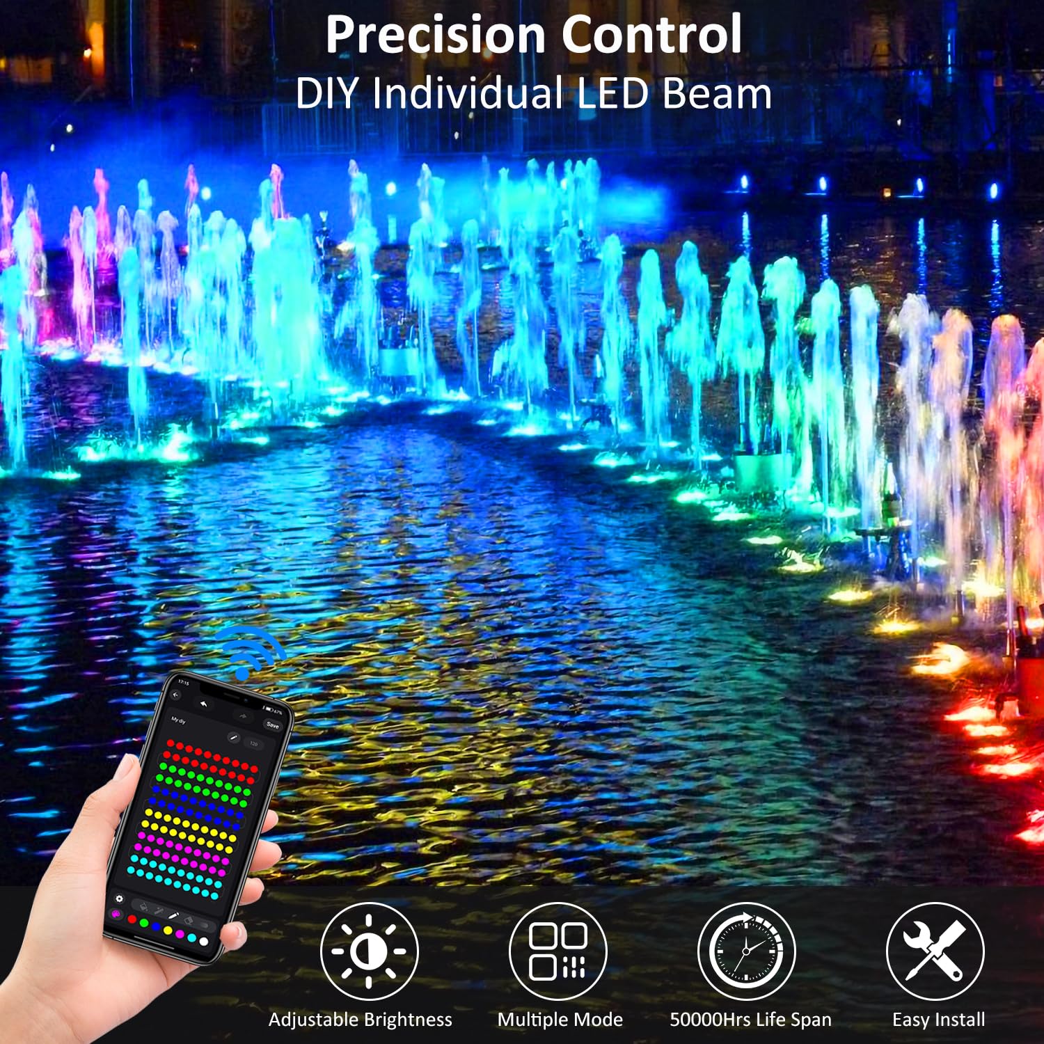 T-SUN Colored Pond Lights with APP and Remote Control - Bright LED Underwater Submersible Fountain Lights, IP68 Waterproof Lands
