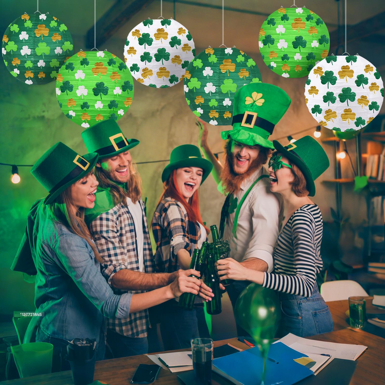 KAXIXI St Patricks Day Paper Lanterns, Green Four-Leaf Clover, 6pcs, Festive Decorations for Indoor/Outdoor Parties