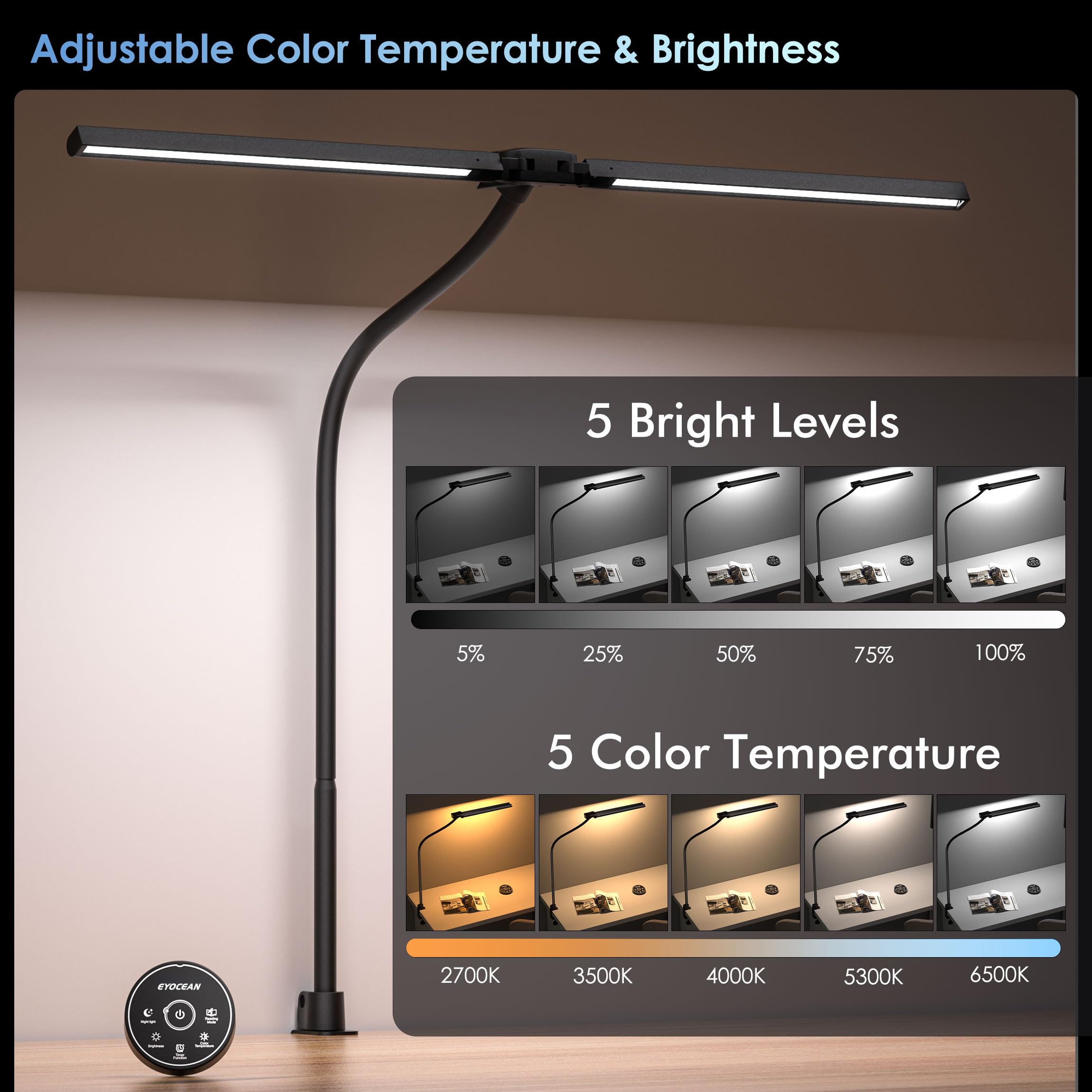 Eyocean Desk Lamp With Clamp, 31.5'' Led Desk Lamp For Home Office, 24W Double Head Desk Light, Dimmable & Color Temperature, Ta