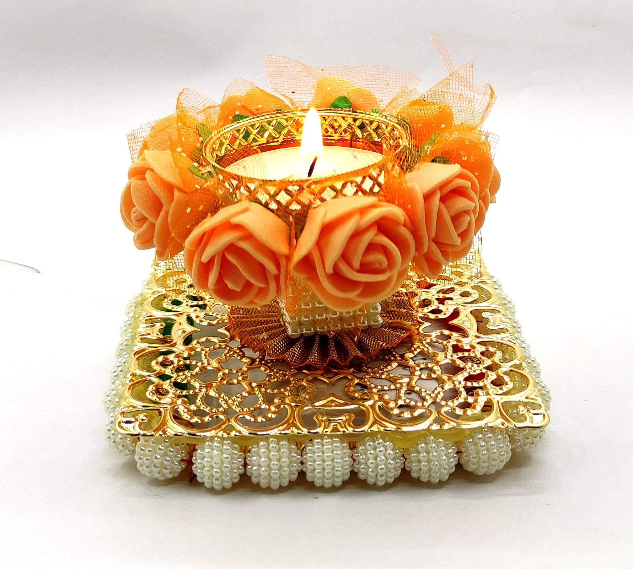 Vibhushita Metal and Plastic Designer Artificial Flower Decorative Handmade Traditional Diwali Oil Wax Lamp with T-Light Candle