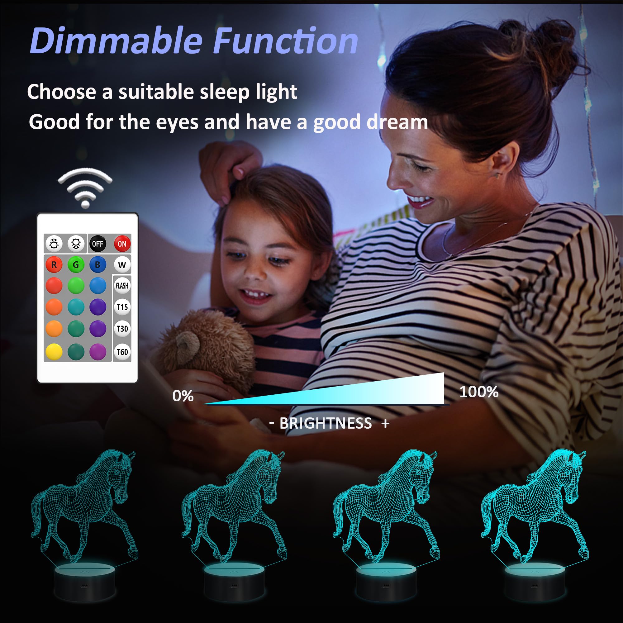 Okiyid Horse Gifts For Girl, 3D Illusion Lamp, 3D Horse Night Light With 16 Colors, Remote And Touch Control, Horses Decor For Kids Room, Girls Birthday Gifts