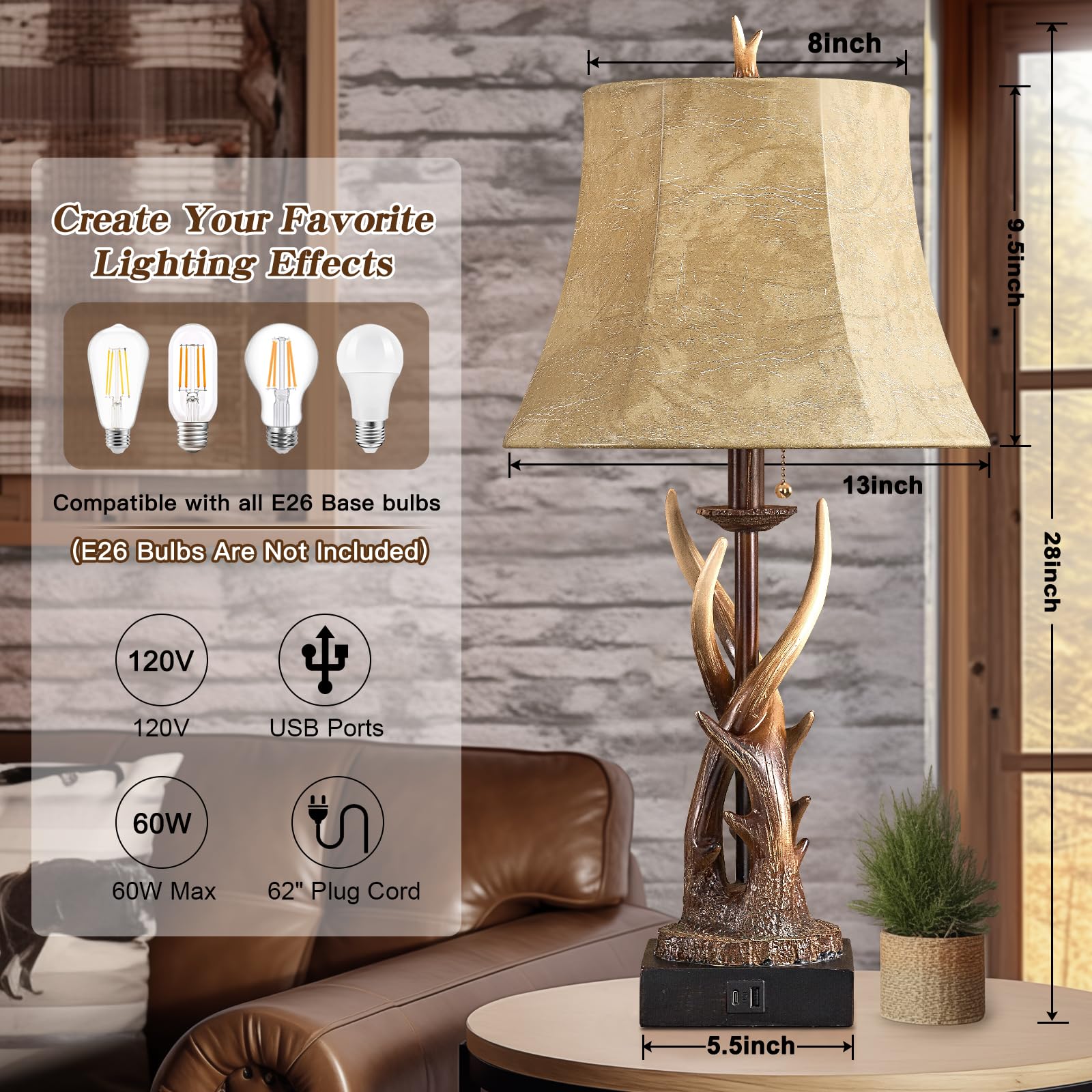 Bowobo Antler Table Lamps Set Of 2 With Usb A+C Ports For Bedroom Farmhouse Deer Rustic Bedside Lamps With Faux Leather Bell Sha
