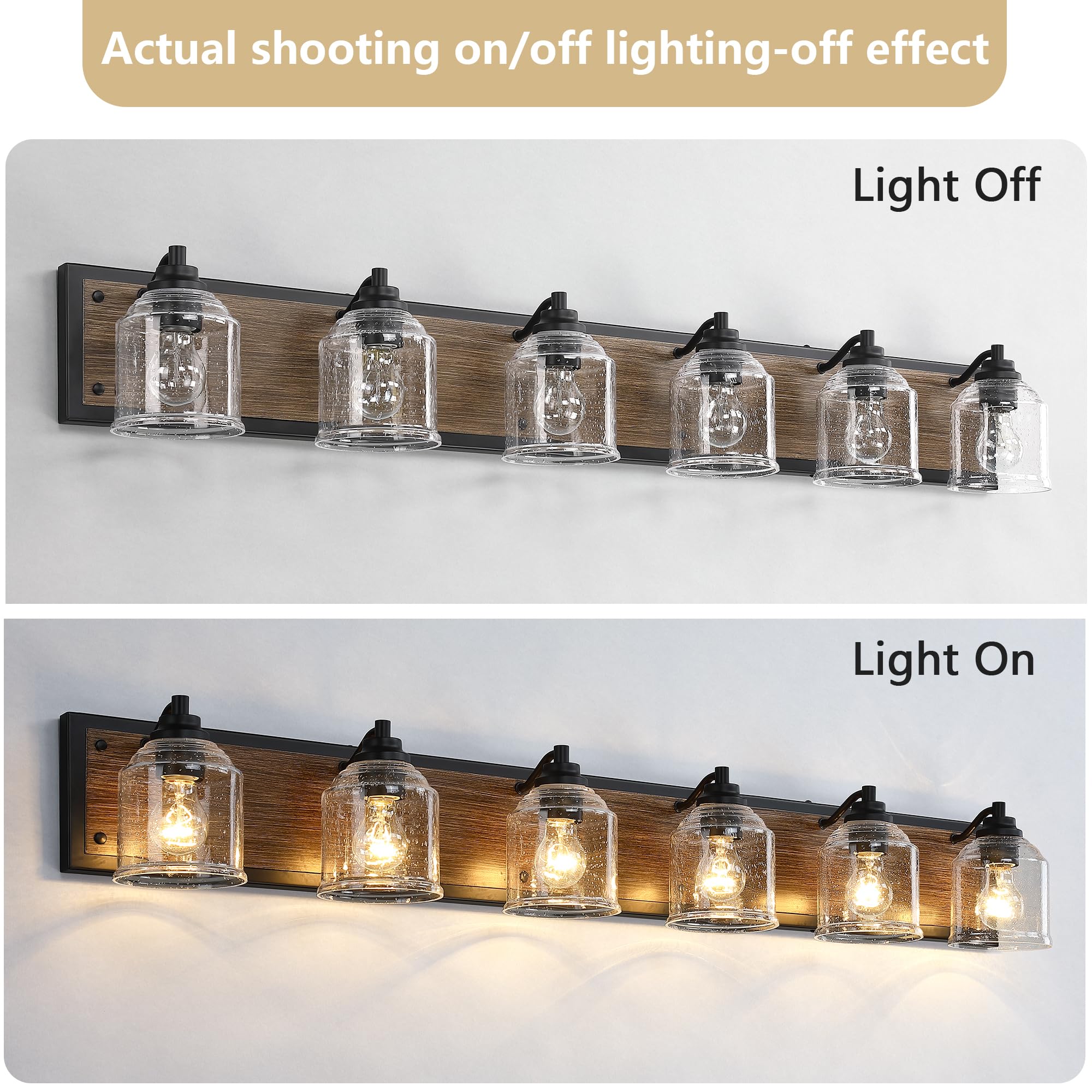 Yklitg Vanity Lights For Bathroom Large 48 Inch  Farmhouse Rustic Vanity Light With Bubble Glass Shades  Brown 6 Light Bathroom Lighting Fixtures Over Mirror  Bath Wall Sconce Home Decor