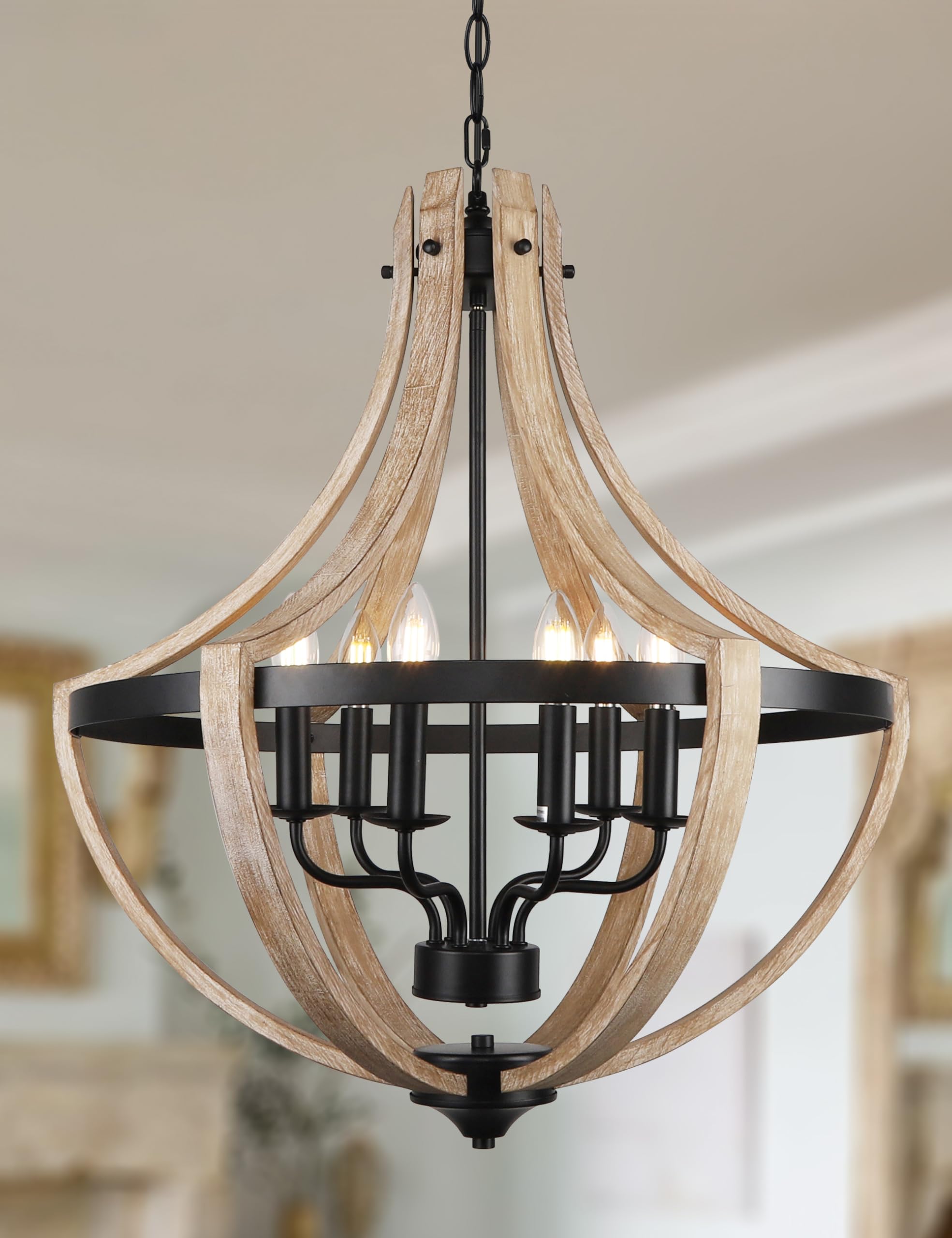 6-Light Large Rustic Farmhouse Dining Room Chandeliers, Adjustable Height Entryway Light Fixture, Hanging Wood Chandelier for Ki