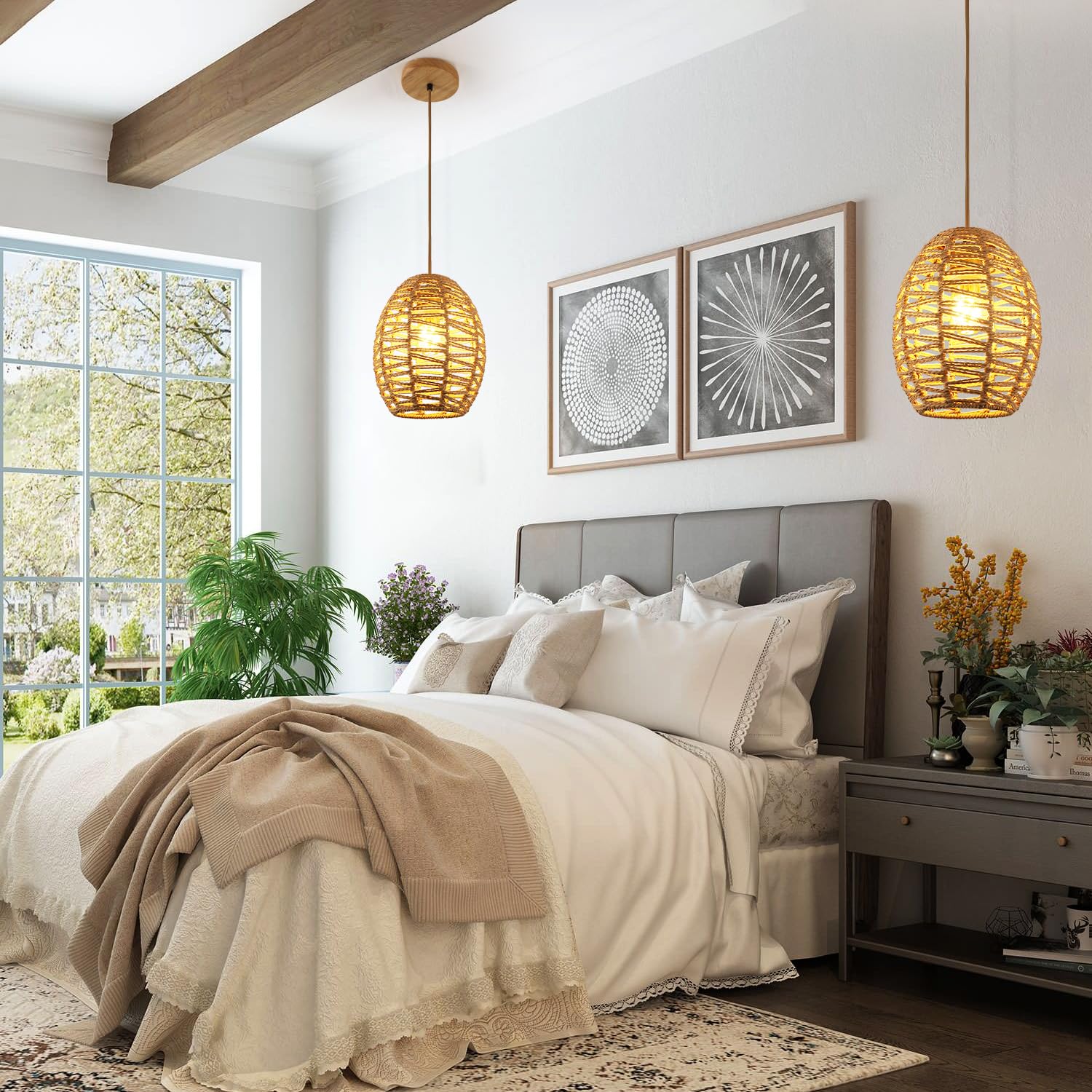 Delipop Pendant Light, Hand-Woven Rattan Chandelier, Boho Hanging Light With Adjustable Cord 4.9Ft For Living Room, Dining Room,