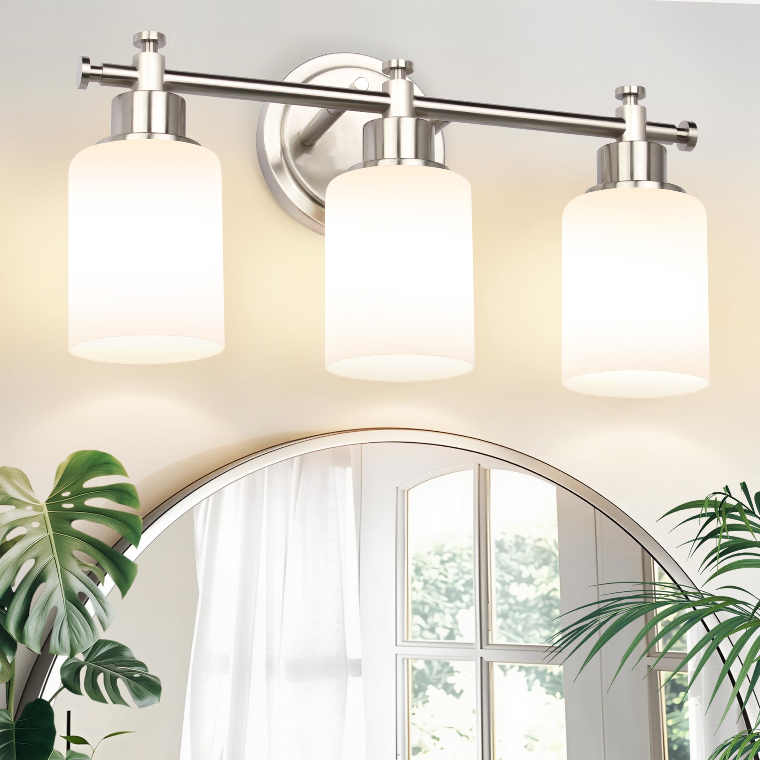 imizdlum 3-Light Bathroom Vanity Light Fixture, Brushed Nickel Compact Vanity Light with White Frosted Glass Shades for Mirror, 
