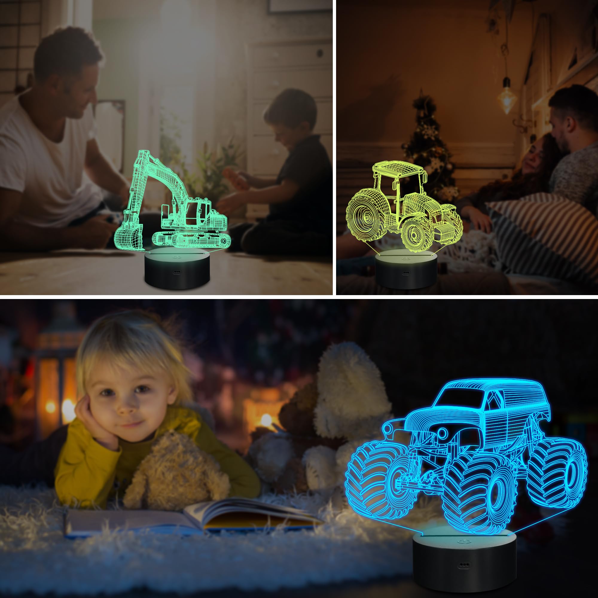 Ammonite Vehicle Gifts, 3D Illusion Truck Night Light For Kids (4 Patterns) With Remote Control & 16 Colors Changing & Dimmable