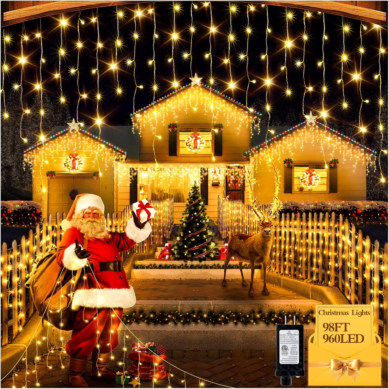 FLVOECN 98FT 960 LED Christmas Lights, Waterproof, 8 Modes, Warm White, Model BG-CL3M3-306L01
