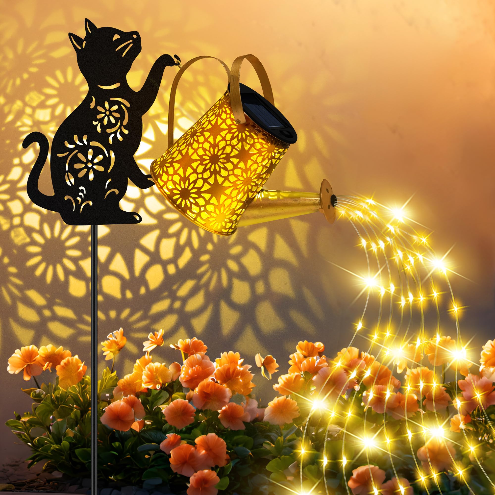 Solar Lights Outdoor Decorative  Watering Can With Cascading Lights  With Cat Silhouette Garden Stakes  Waterproof Metal Garden Decor For Yard Art  Outside  Patio  Lawn Ornaments 2Pack