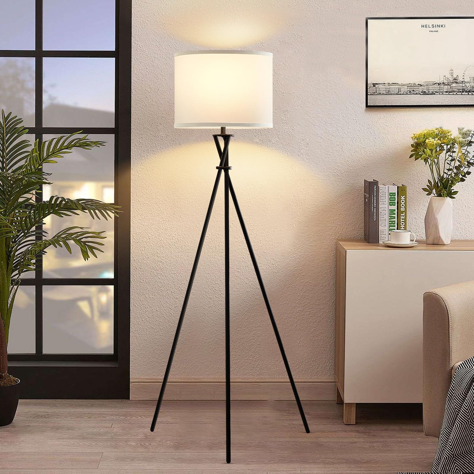 Luvkczc Tripod Floor Lamp, 61” Modern Design, Black Metal with White Shade, Model 1FL-054A