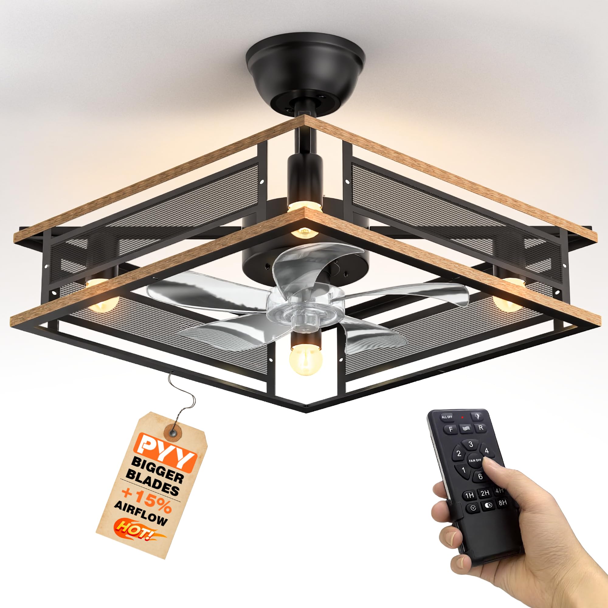 PYY Farmhouse Ceiling Fans with Lights - 20 Inch Caged Ceiling Fans with Lights and Remote Control, 6 Speeds,Timer, Dual Mount, 