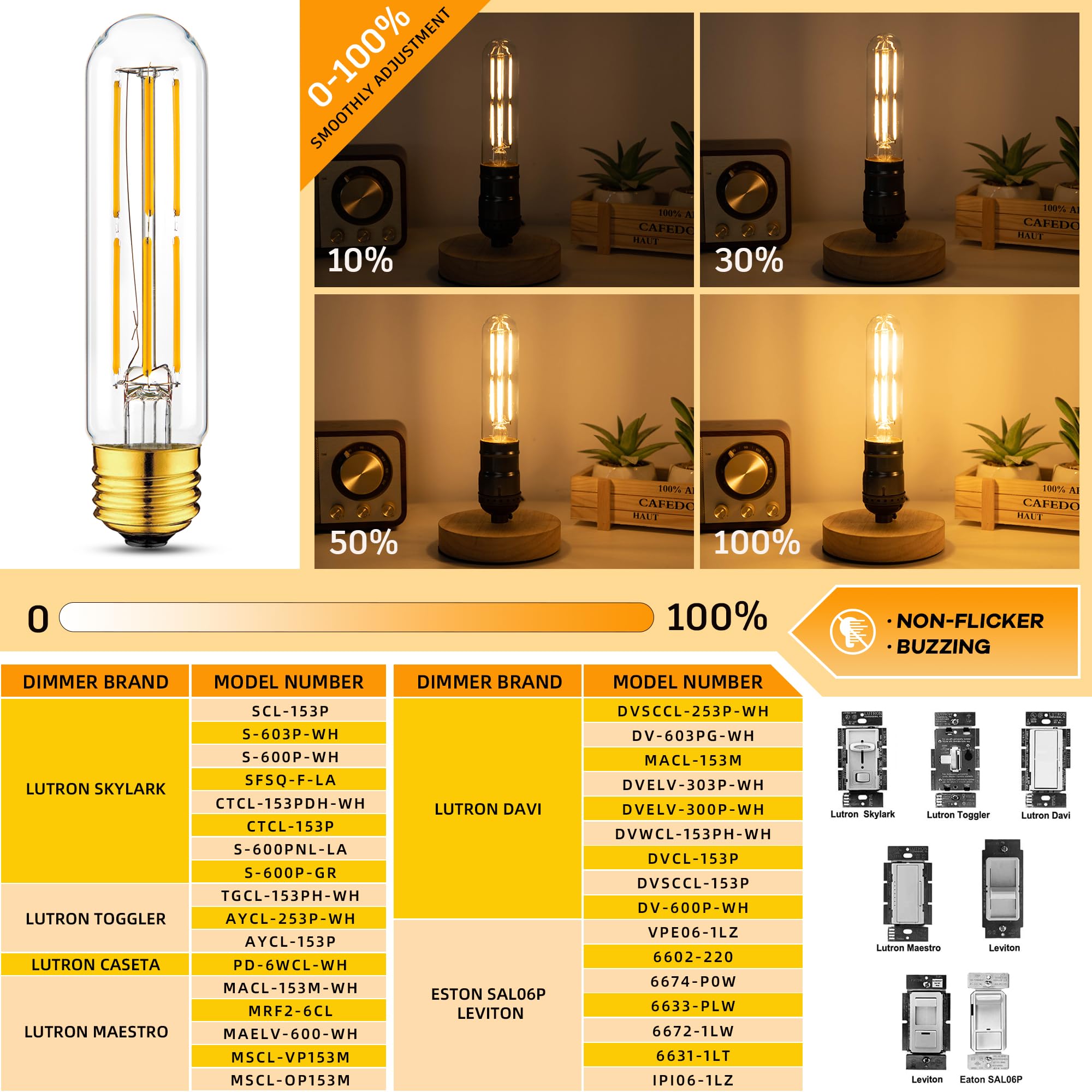 Grensk Tubular Led Light Bulbs 60 Watt,T10 E26 Tube Light Bulbs Dimmable 6W,Warm White 2700K Vintage Edison Led Filament Bulbs,6
