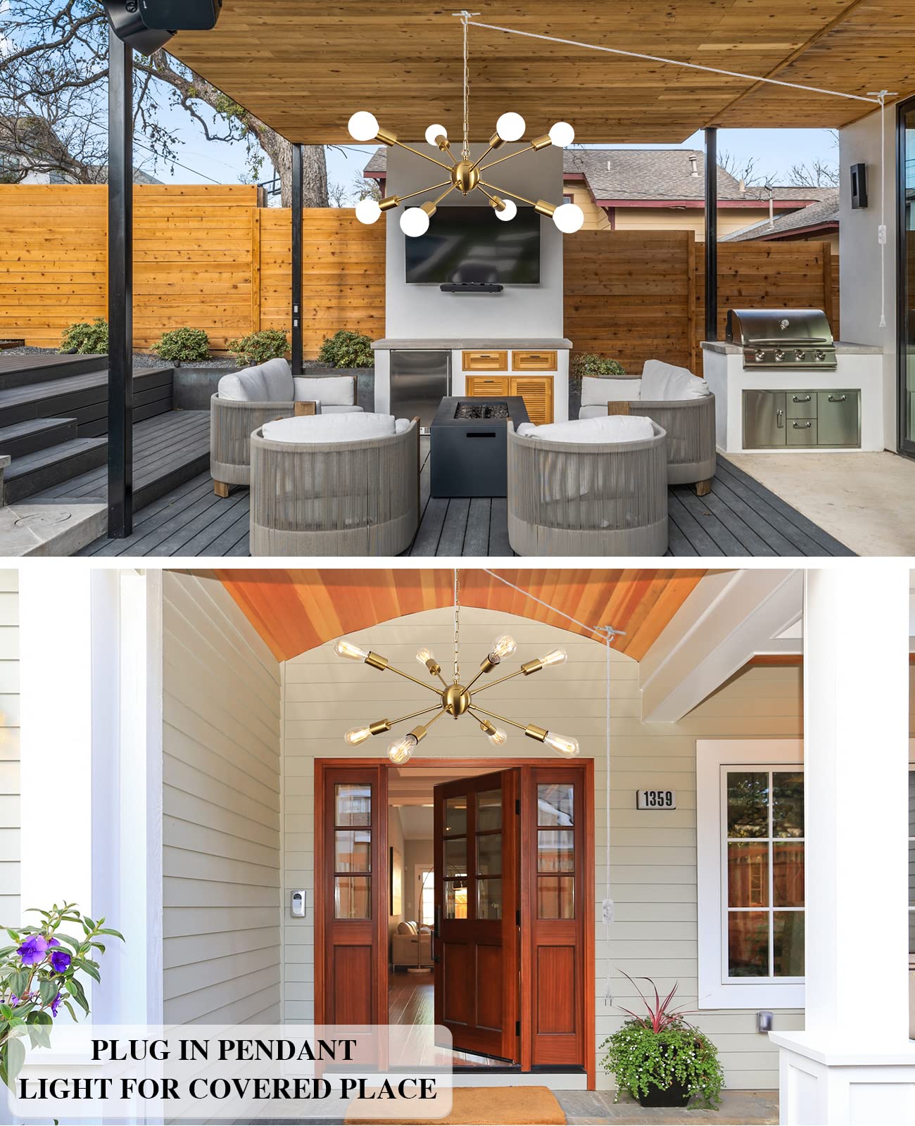 Lasenchoo 8-Light Gold Plug-In Chandelier With 16.4Ft Cord, Ideal For Living Room & Dining Room