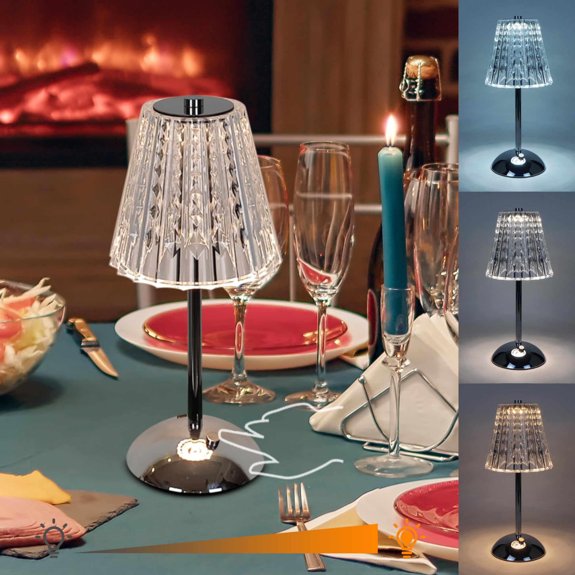 Amingulry Cordless Table Lamp, 4000mAh Rechargeable, 3 Color Modes, Stepless Dimmable, Small, Silver Chrome